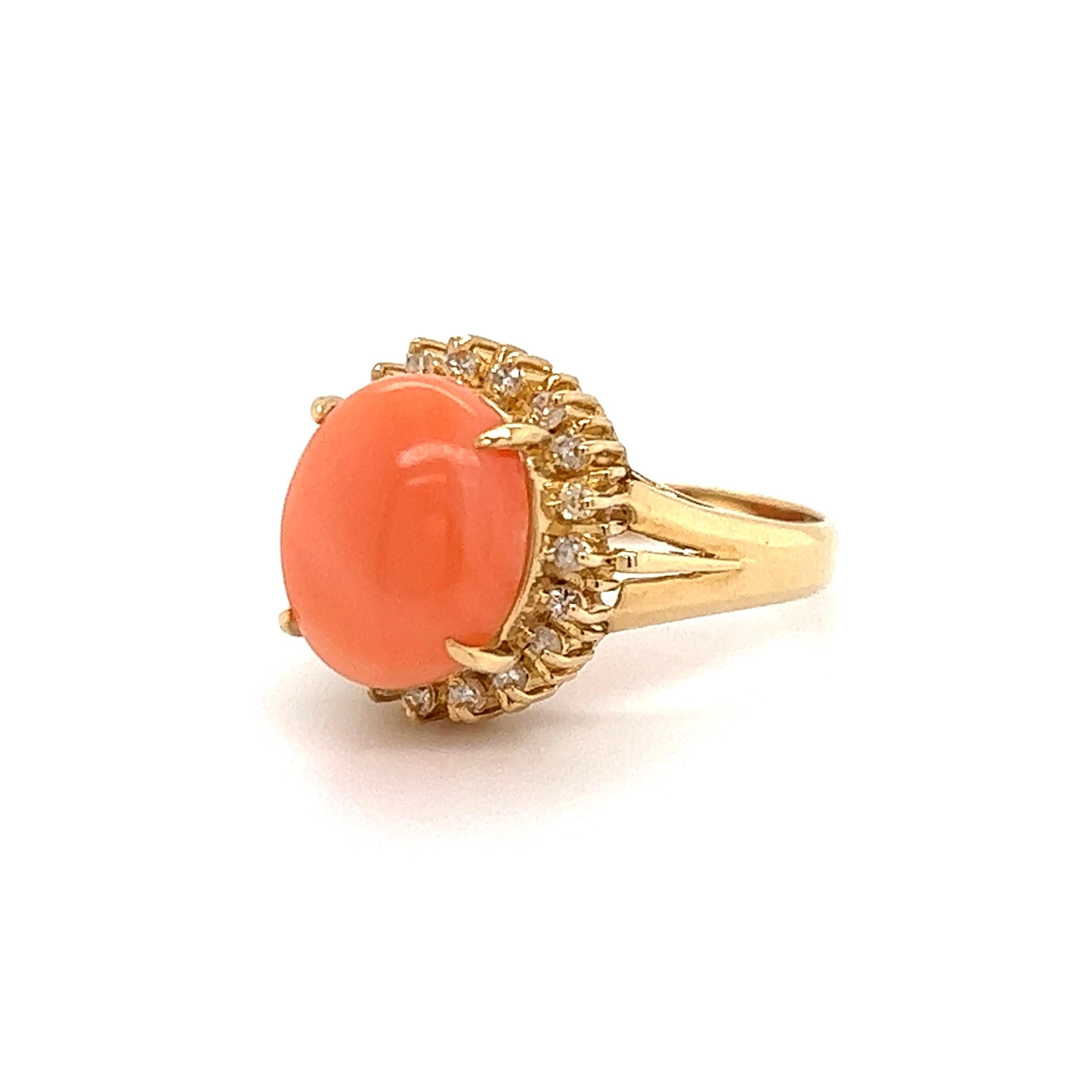 Mixed Cut Angel-Skin Cabochon Coral and Diamond Cocktail Gold Ring