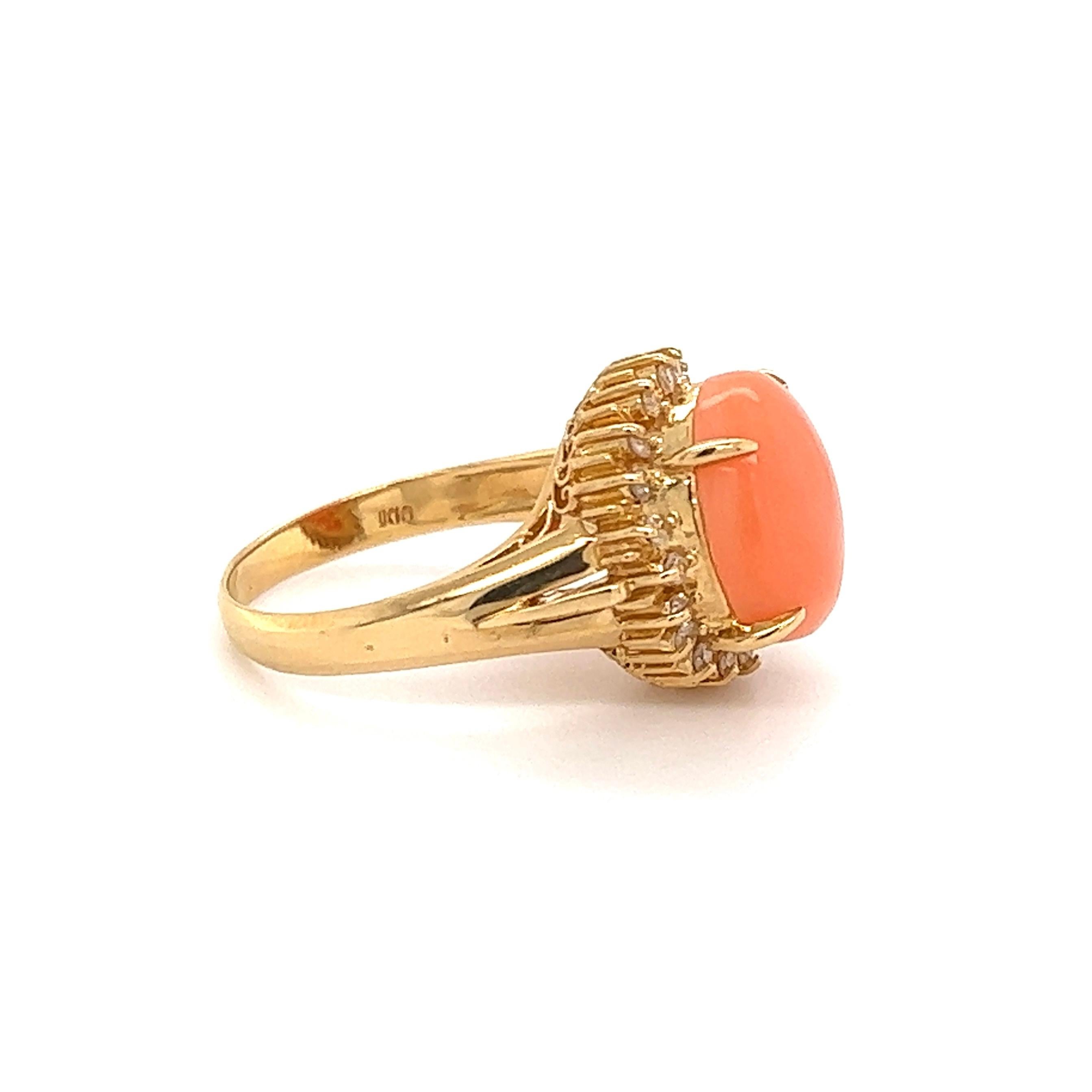 Women's Angel-Skin Cabochon Coral and Diamond Cocktail Gold Ring