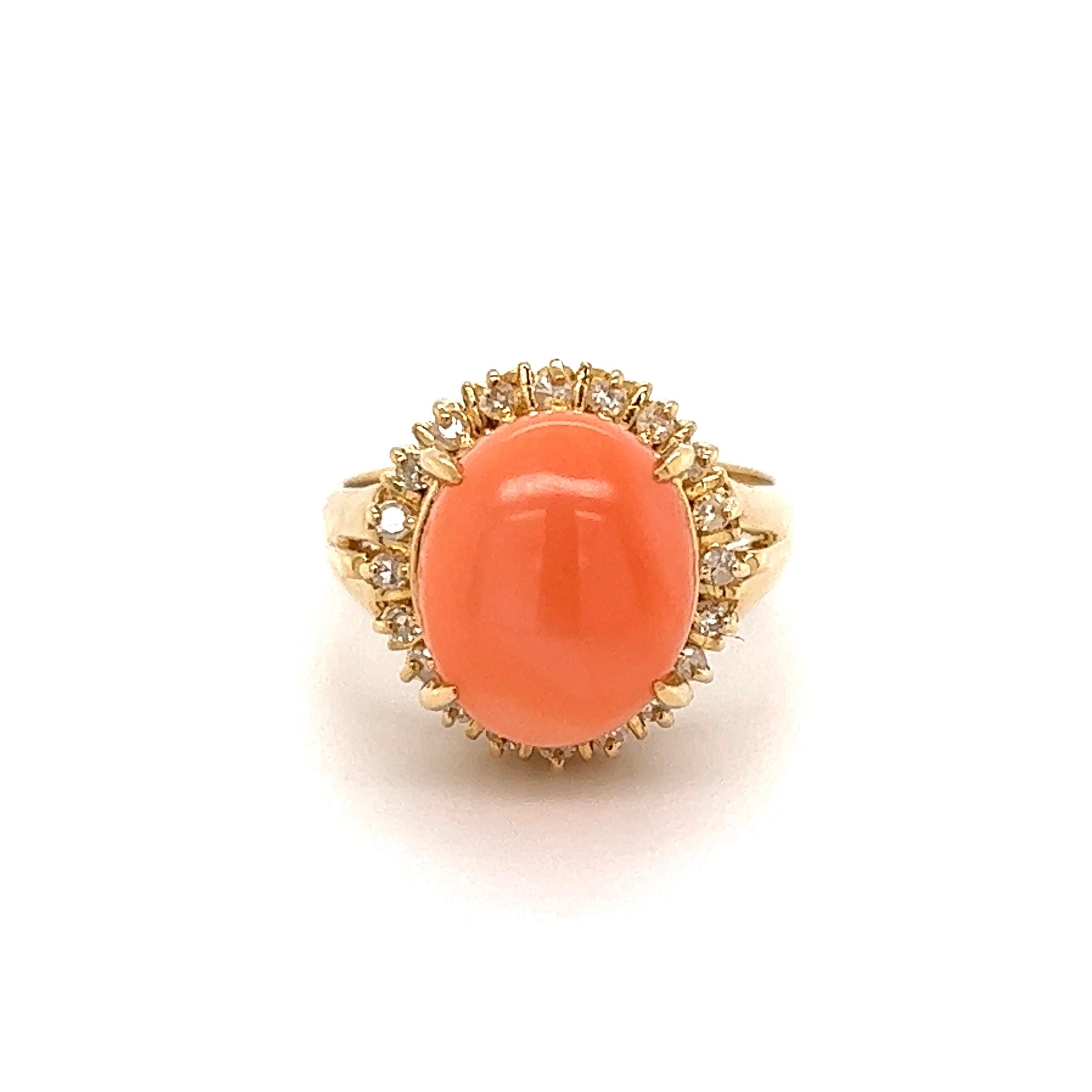 Angel-Skin Cabochon Coral and Diamond Cocktail Gold Ring 1