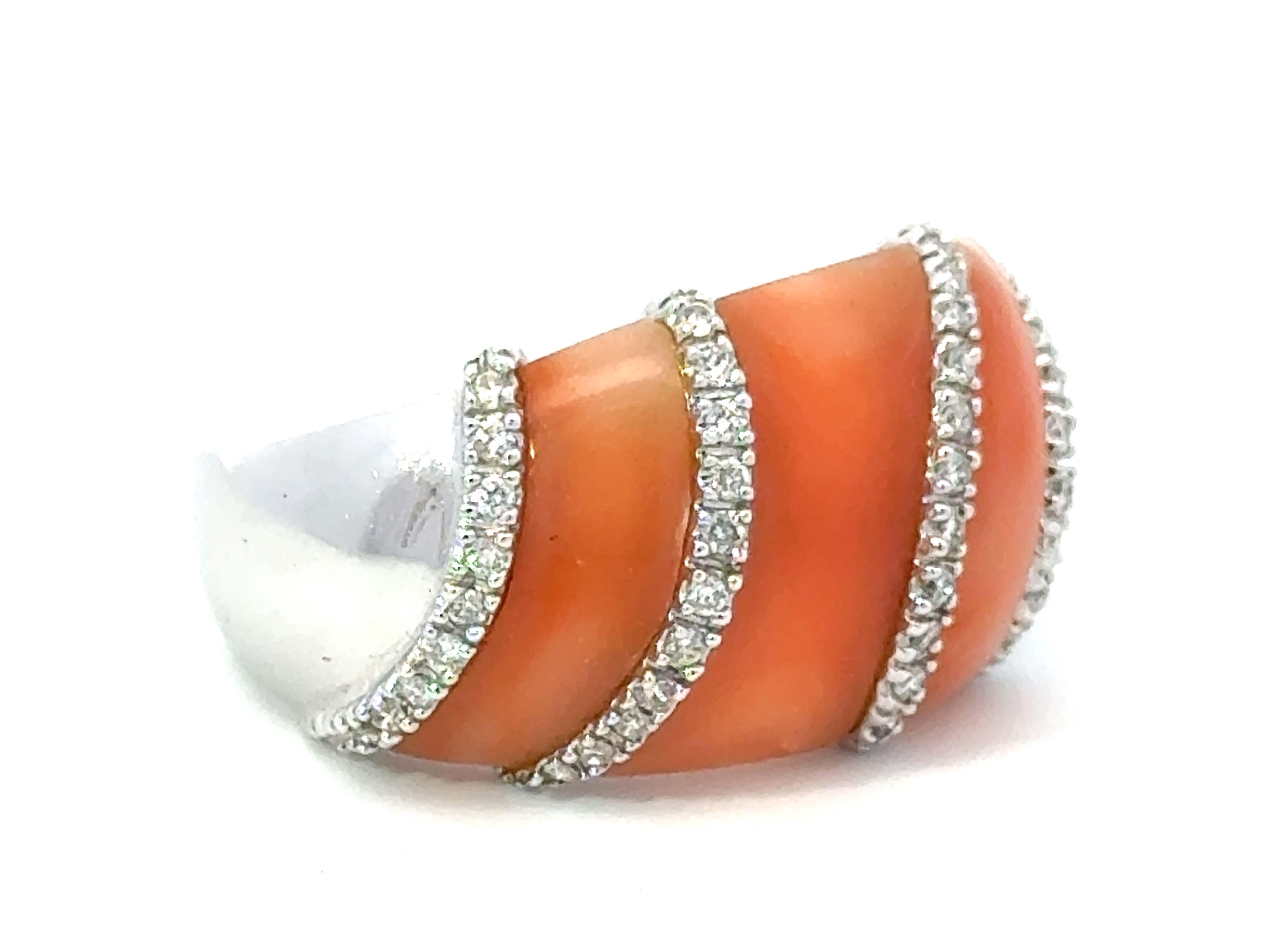 Modern Angel Skin Coral and Diamond Band Ring 14k White Gold For Sale