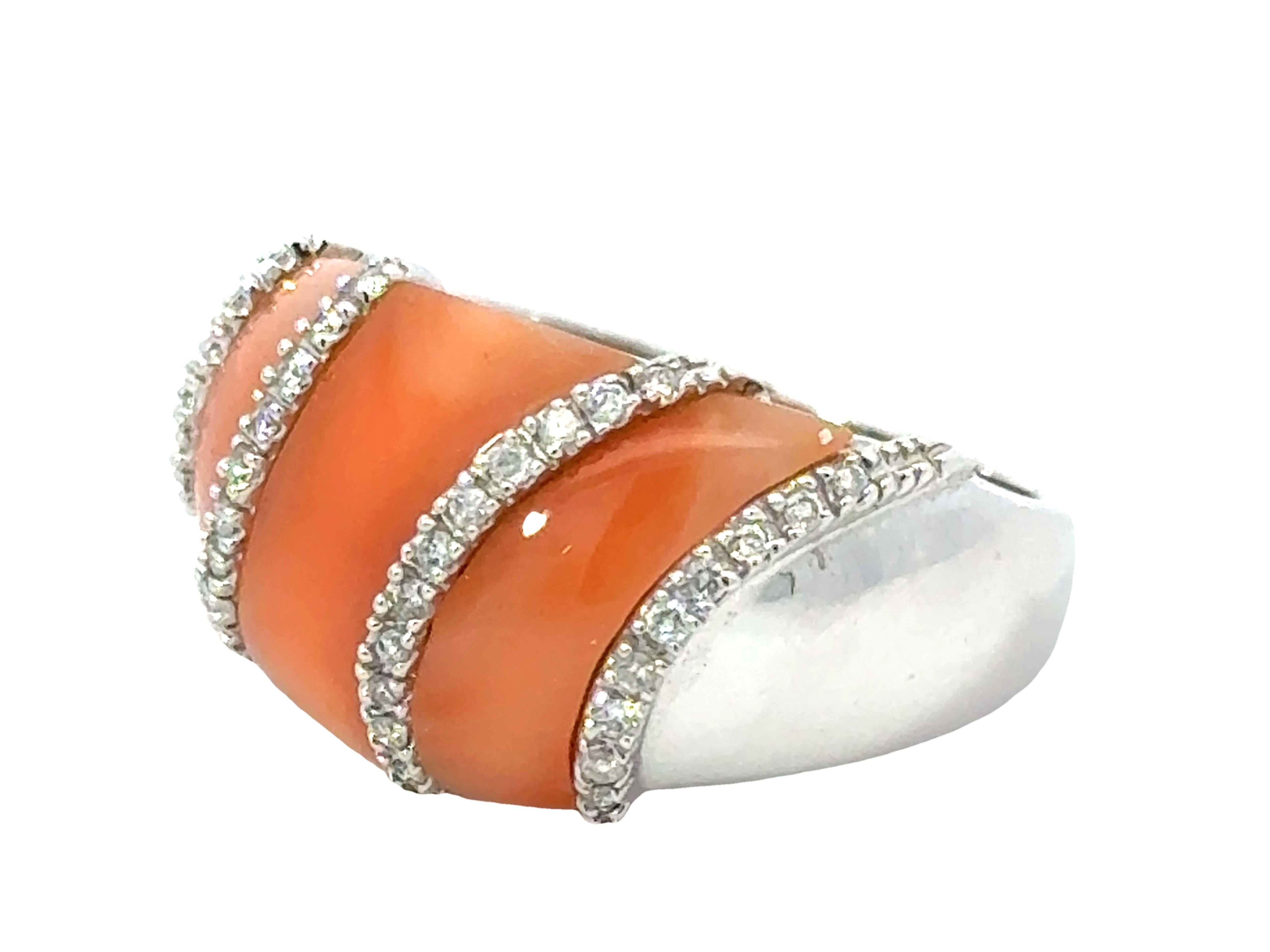 Brilliant Cut Angel Skin Coral and Diamond Band Ring 14k White Gold For Sale