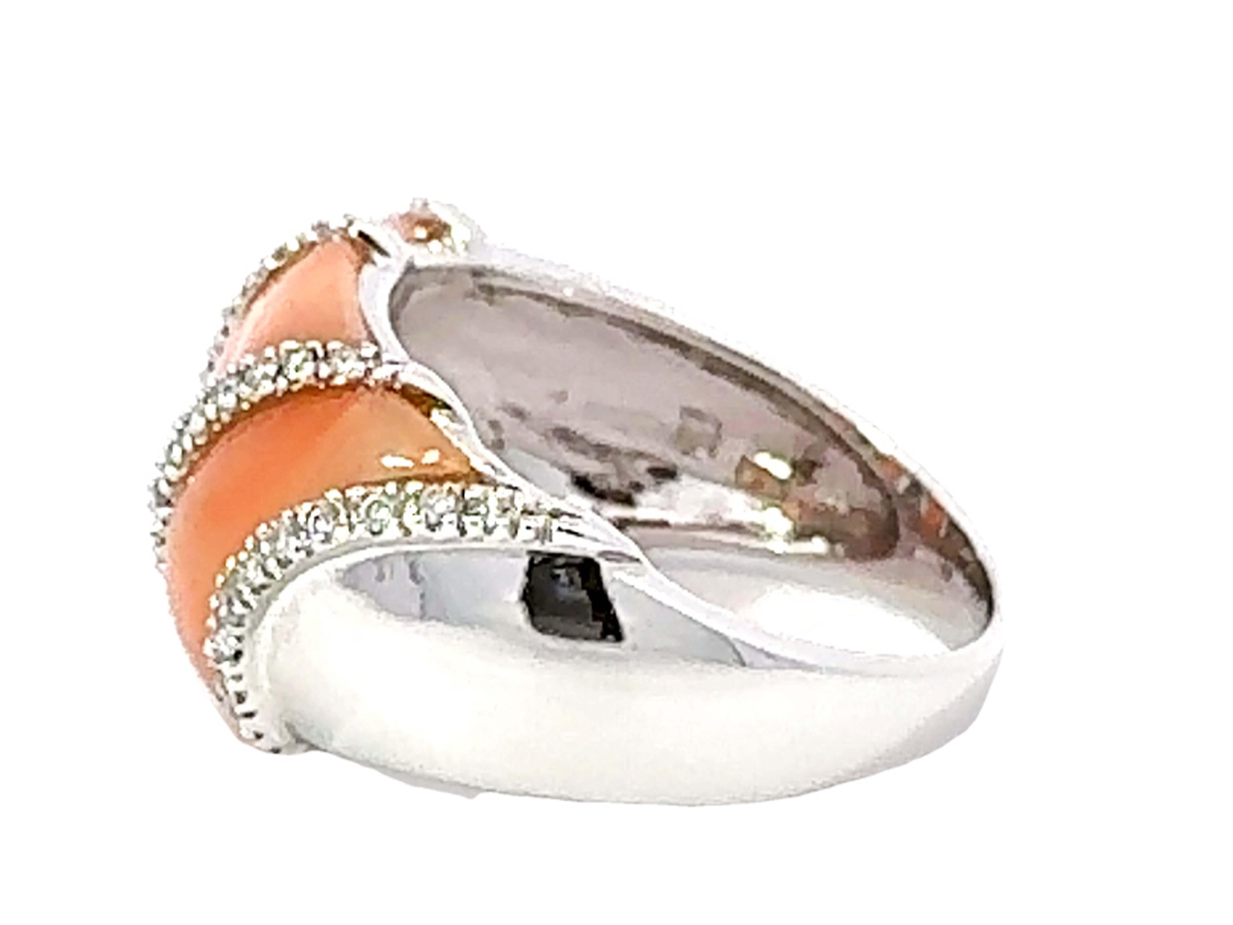Women's Angel Skin Coral and Diamond Band Ring 14k White Gold For Sale