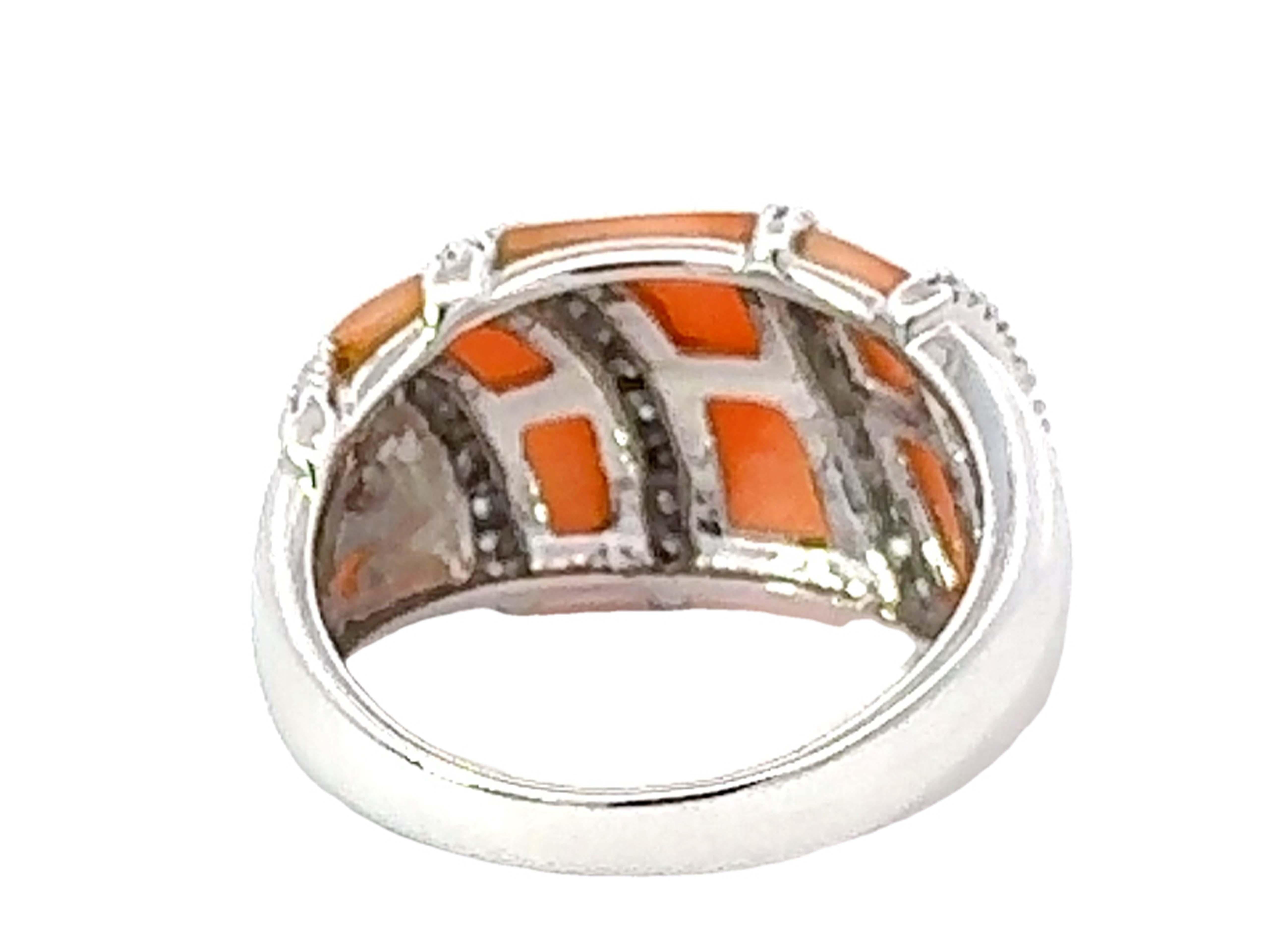 Angel Skin Coral and Diamond Band Ring 14k White Gold For Sale 1