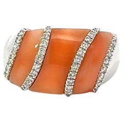 Vintage Angel Skin Coral and Diamond Band Ring 14k White Gold