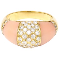 Angel Skin Coral and Diamond Ring Set in 18k Yellow Gold
