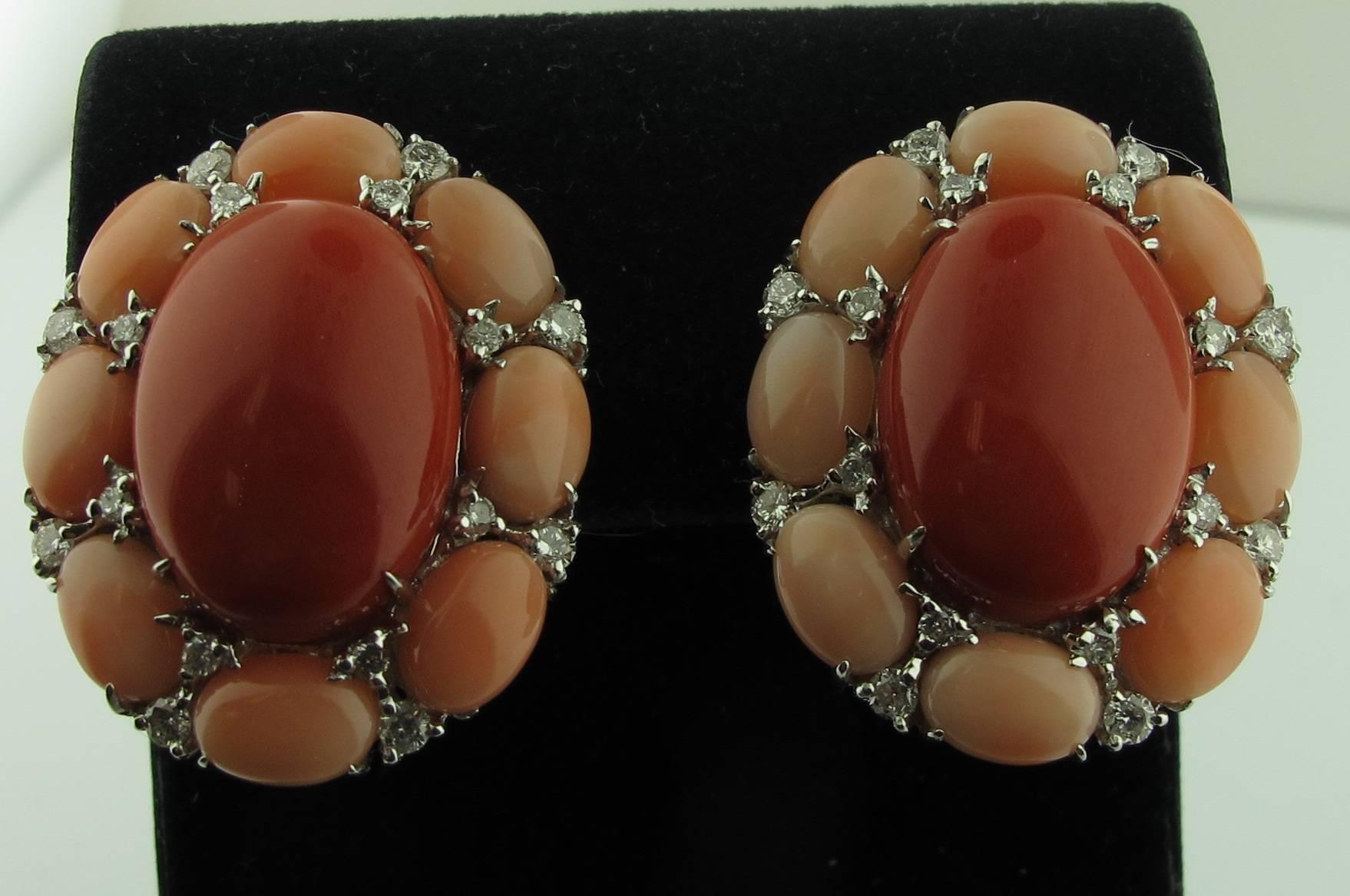 Oval Cut Angel Skin Coral and Ox Blood Coral and Diamond Earrings in 18 Karat White Gold