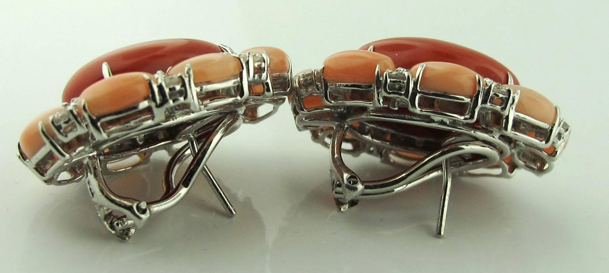 Angel Skin Coral and Ox Blood Coral and Diamond Earrings in 18 Karat White Gold In Excellent Condition In Palm Desert, CA