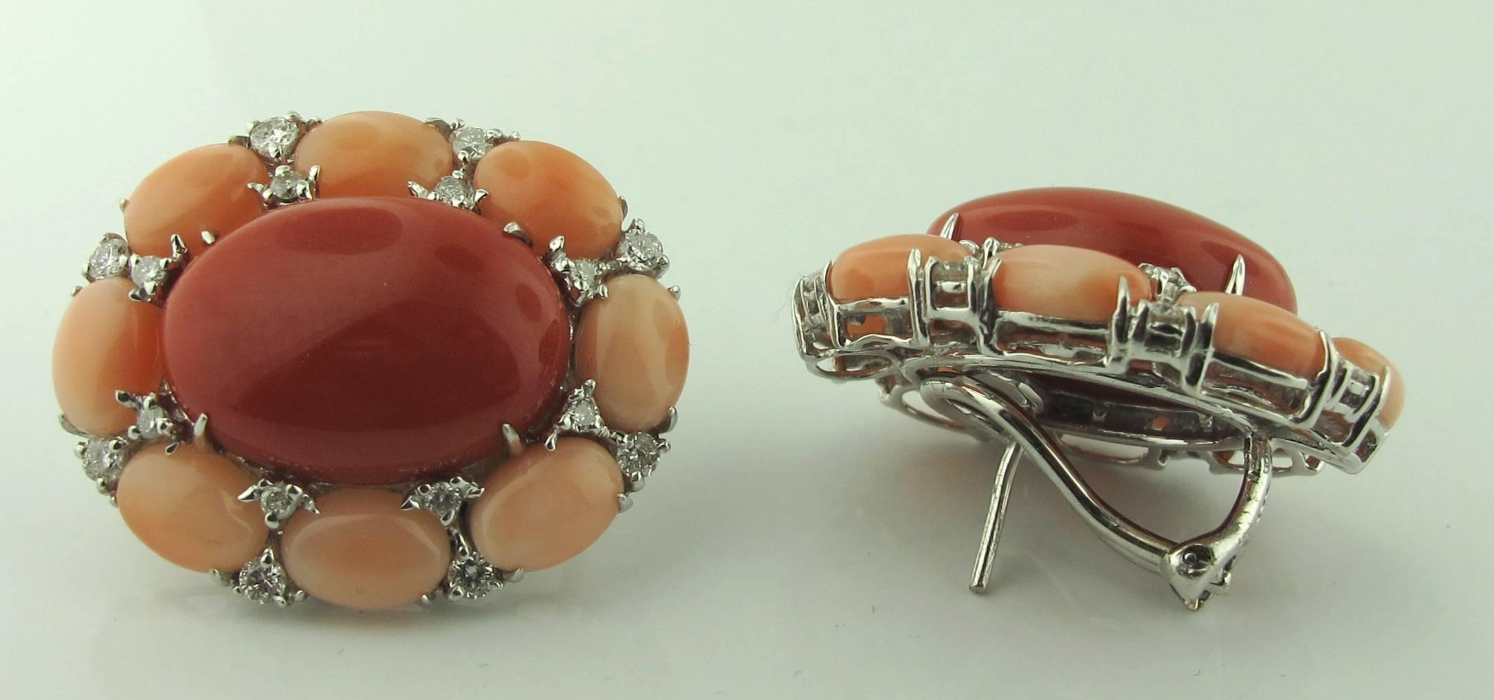 Women's or Men's Angel Skin Coral and Ox Blood Coral and Diamond Earrings in 18 Karat White Gold