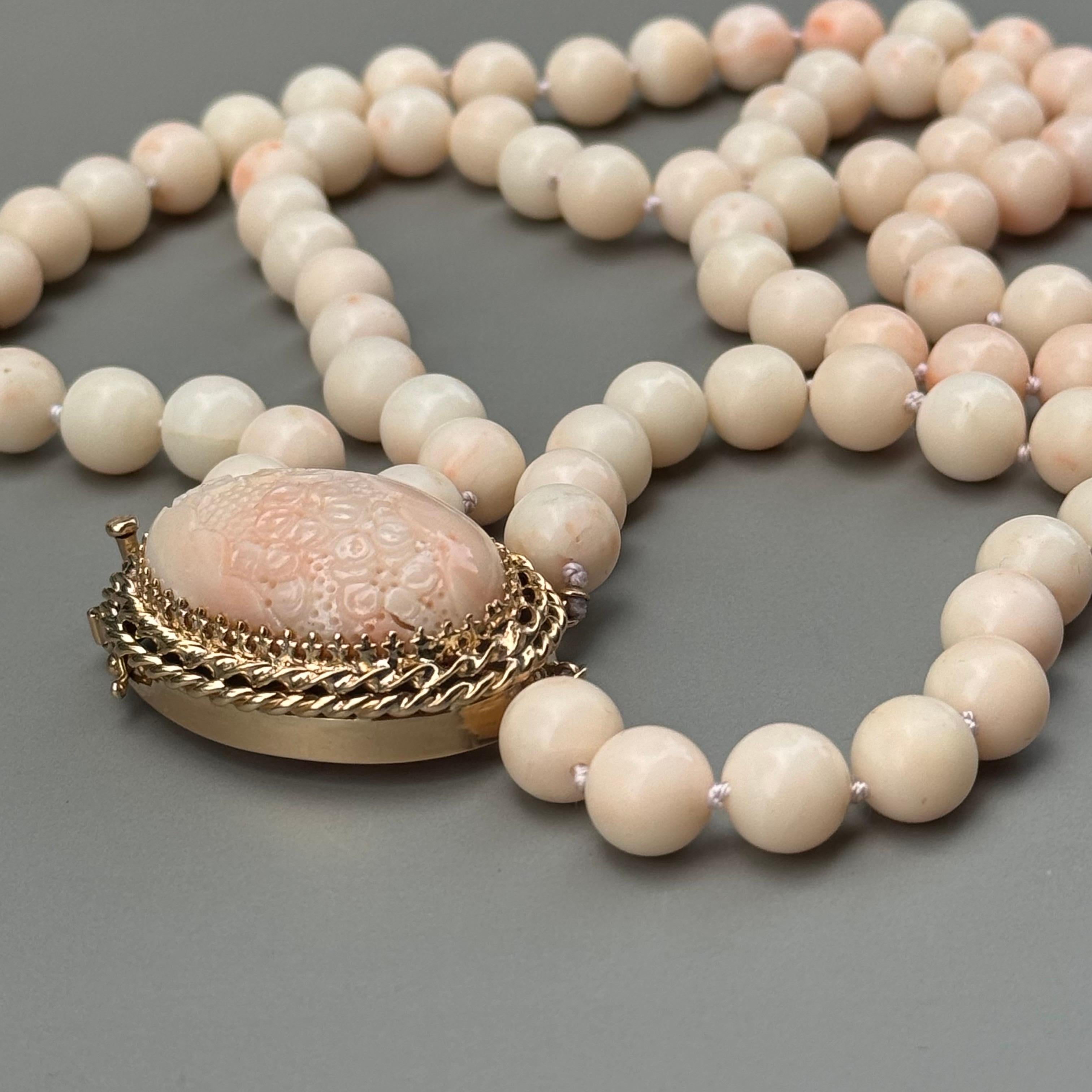 Women's Angel Skin Coral Bead Necklace Large Carved Flower 14k Gold Claps For Sale