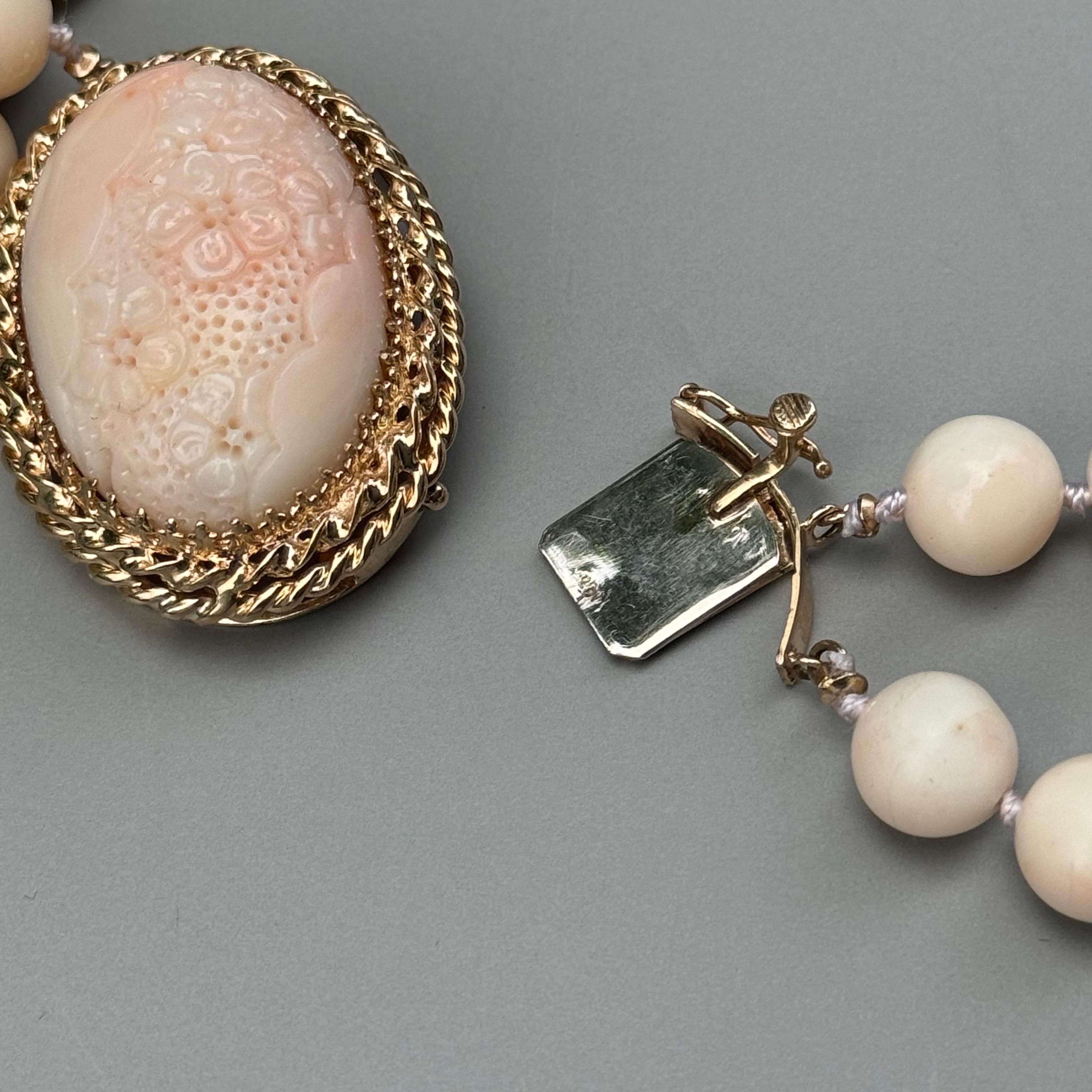 Angel Skin Coral Bead Necklace Large Carved Flower 14k Gold Claps For Sale 1