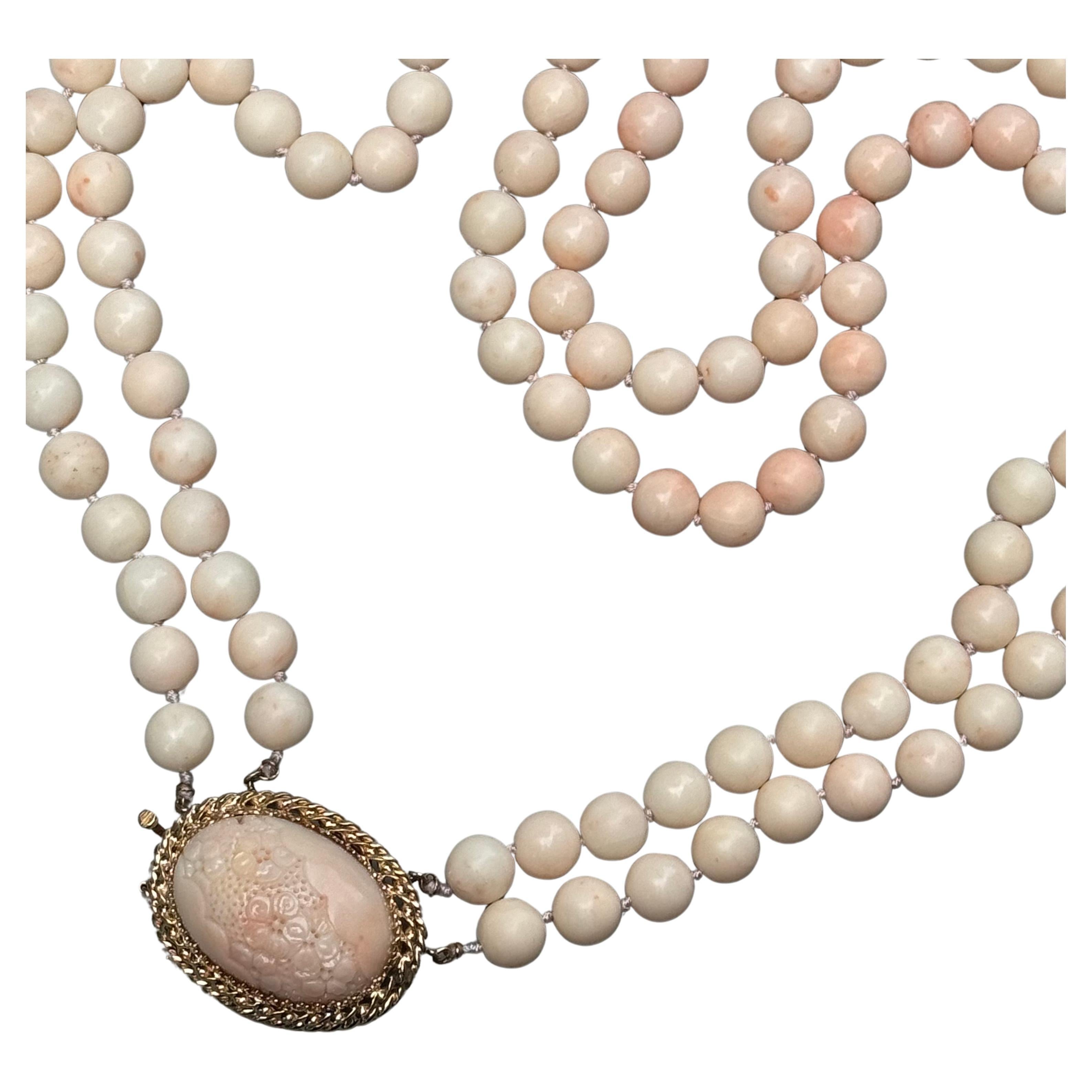 Angel Skin Coral Bead Necklace Large Carved Flower 14k Gold Claps