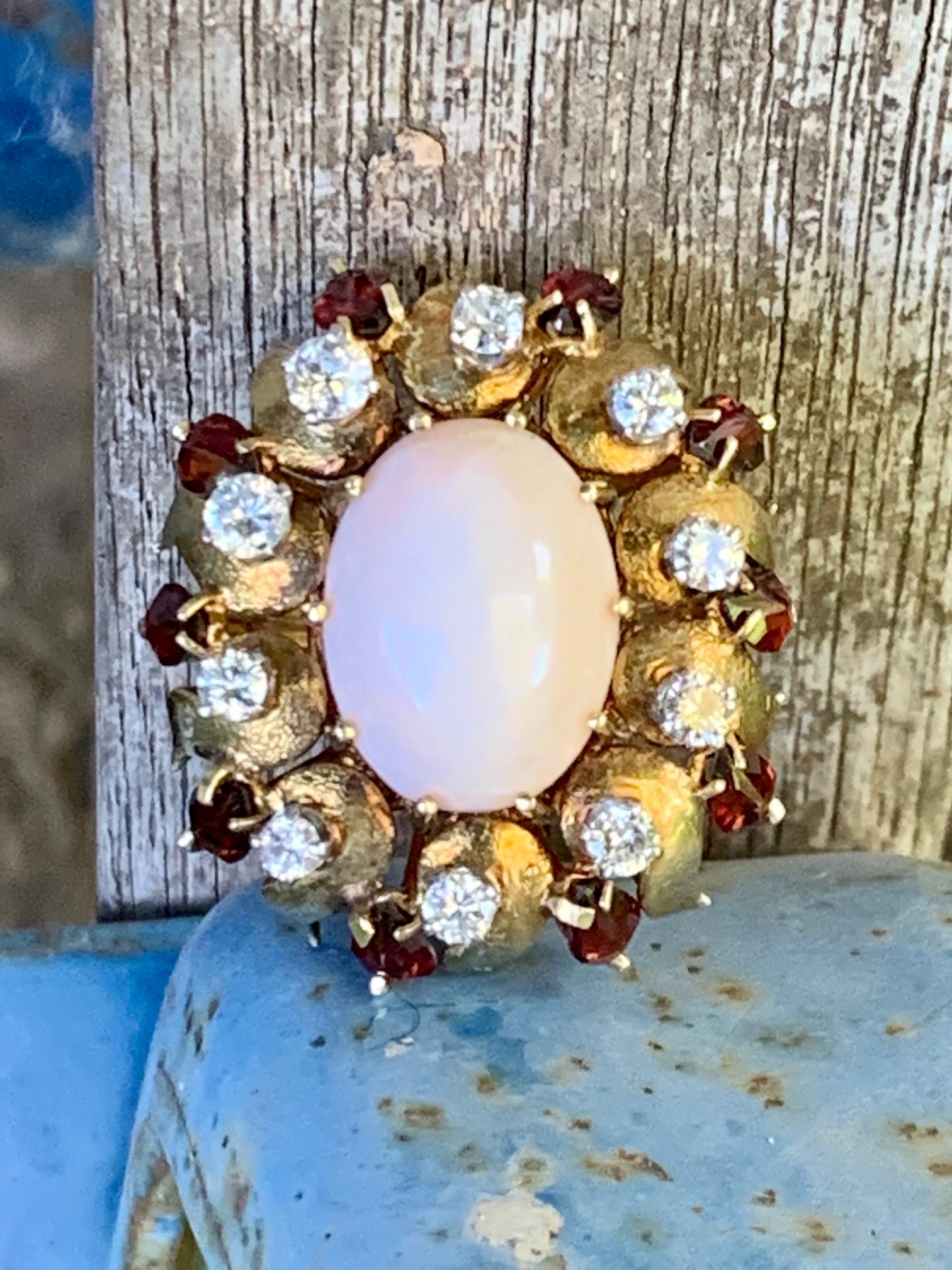 Women's Angel Skin Coral Cabochon and Diamond 14 Karat Yellow Gold Ring