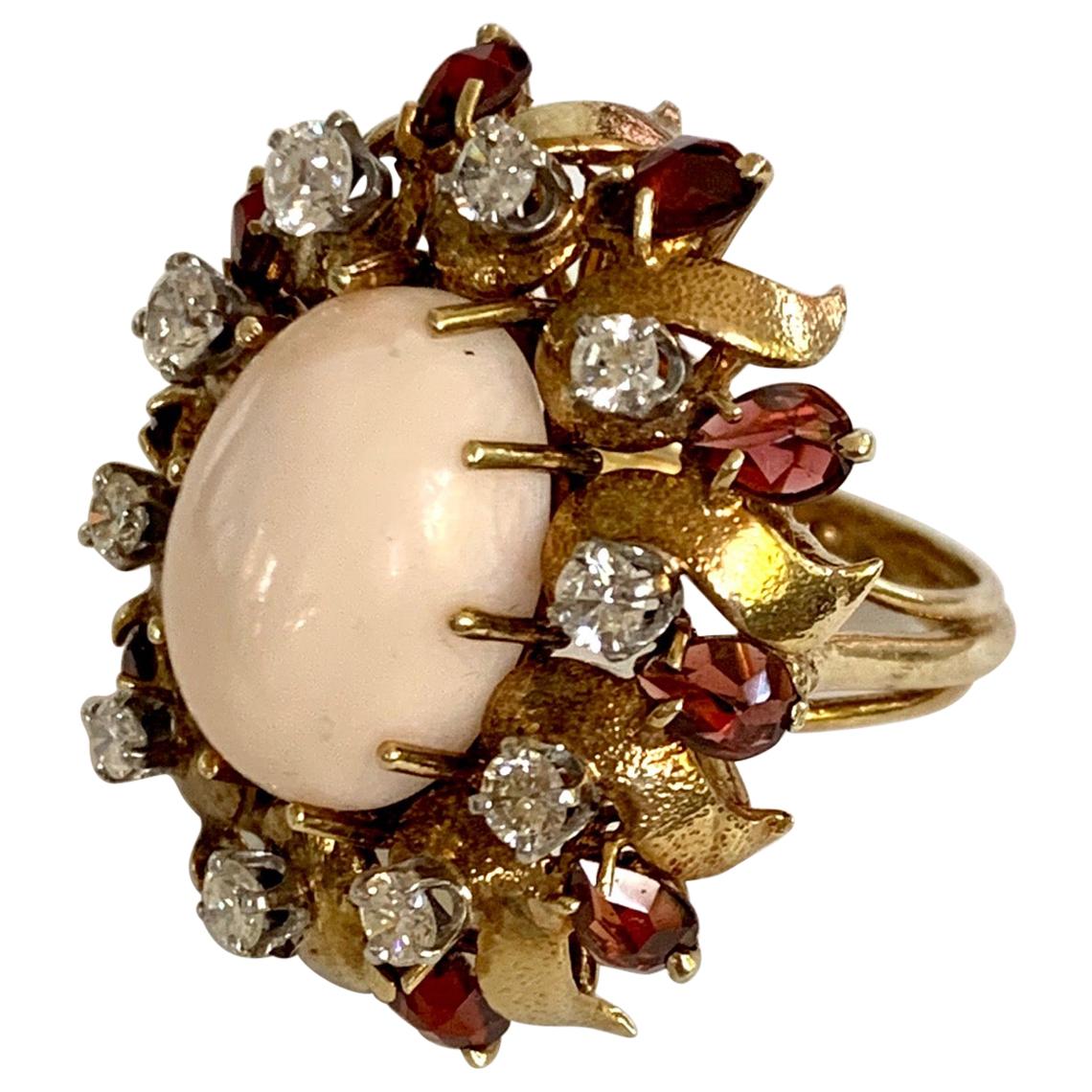 Angel Skin Coral Cabochon and Diamond 14 Karat Yellow Gold Ring