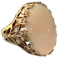 Angel Skin Coral Cabochon and Diamond 18 Karat Yellow Gold Ring - Size 6 1/4