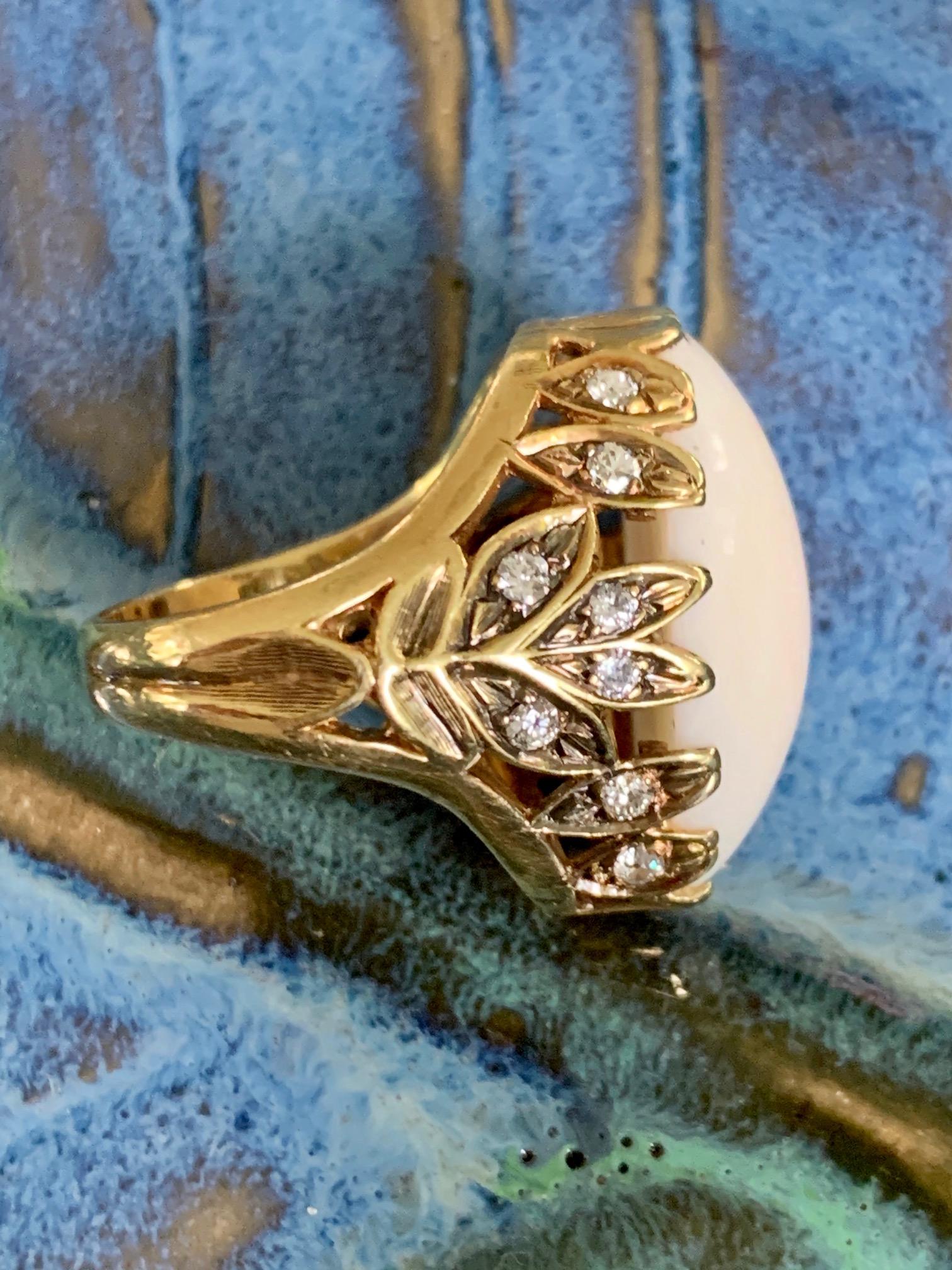 Women's Angel Skin Coral Cabochon and Diamond 18 Karat Yellow Gold Ring - Size 6 1/4