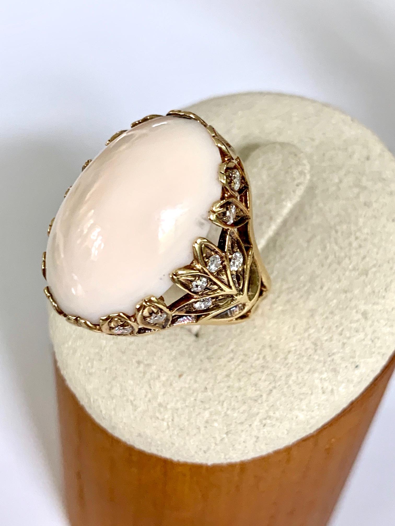 Angel Skin Coral Cabochon and Diamond 18 Karat Yellow Gold Ring - Size 6 1/4 4