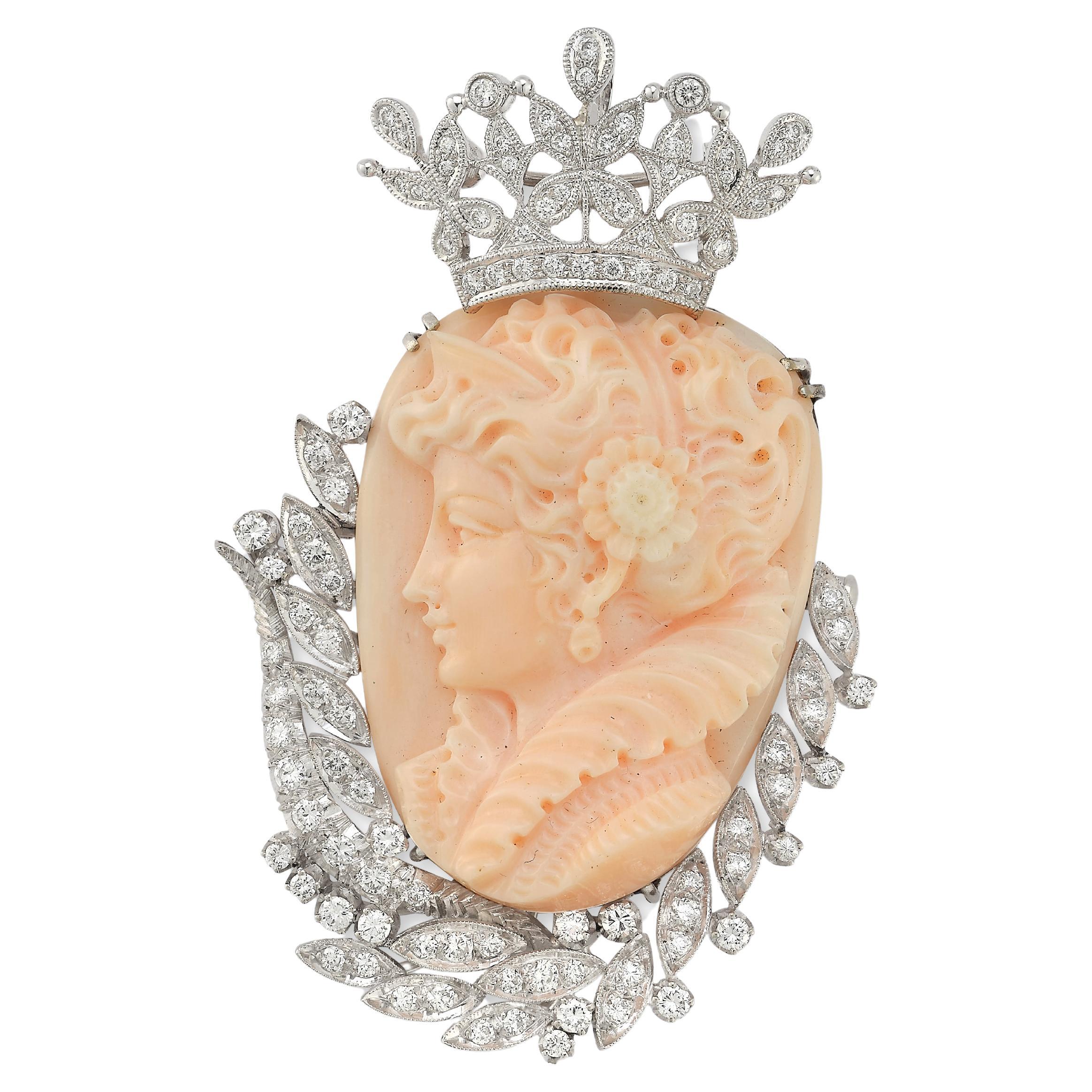 Angel Skin Coral Cameo & Diamond Brooch Pendant For Sale