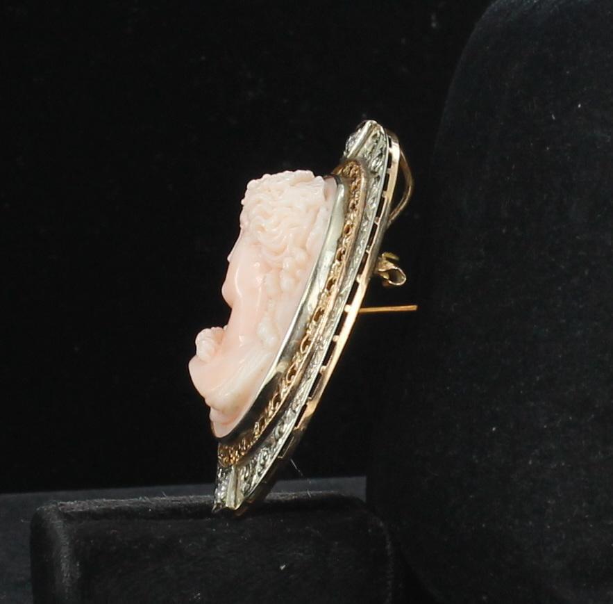 Art Nouveau Angel Skin Coral Cameo Pin or Pendant with Diamonds in 14 Karat, Early 1900s For Sale