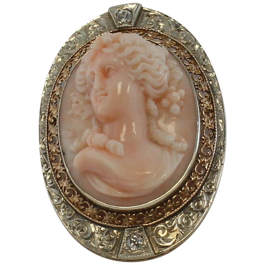 Angel Skin Coral Cameo Pin or Pendant with Diamonds in 14 Karat, Early 1900s For Sale
