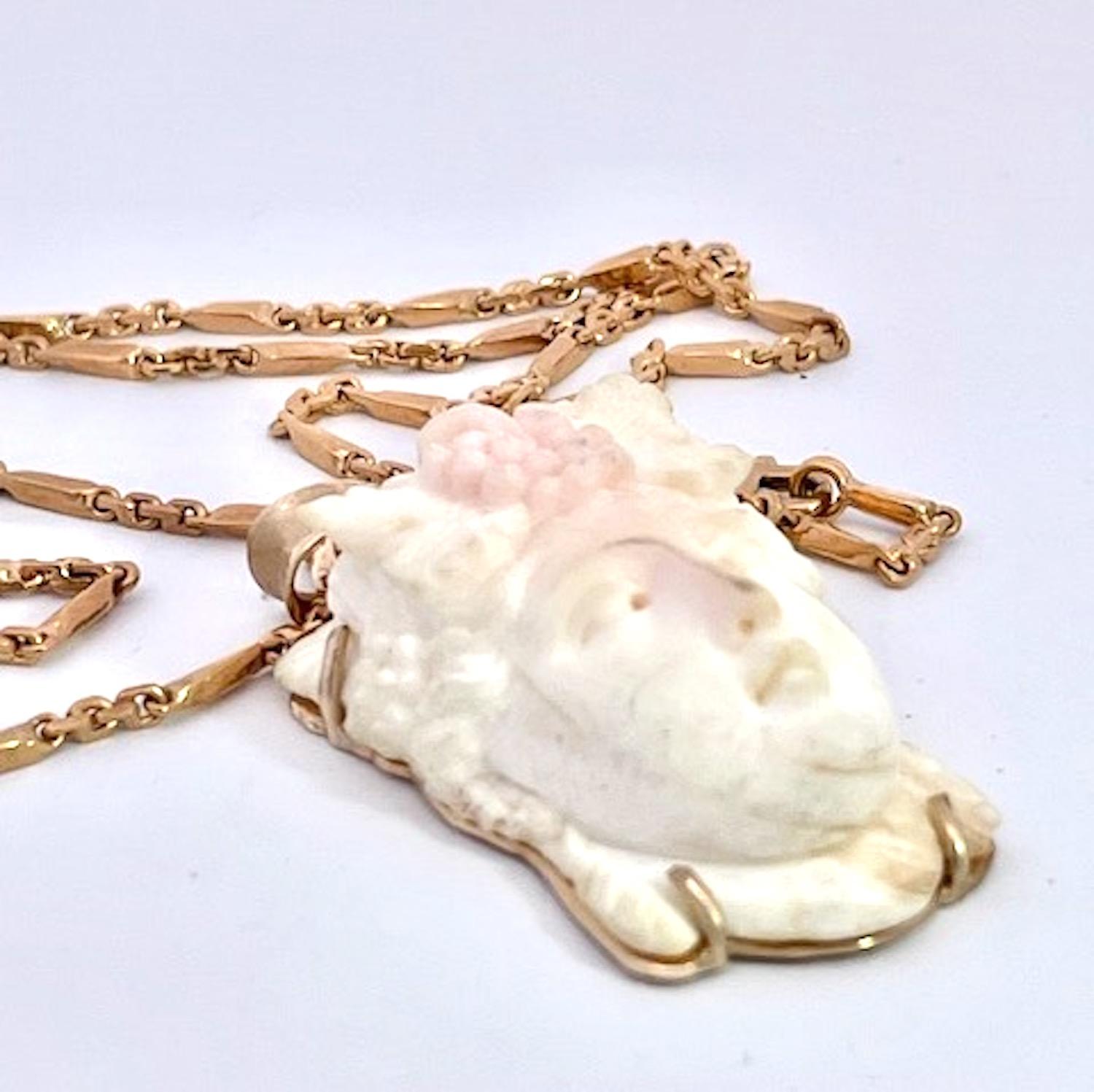 Angel Skin Coral Carving Women's Face Pendant 14K For Sale 7