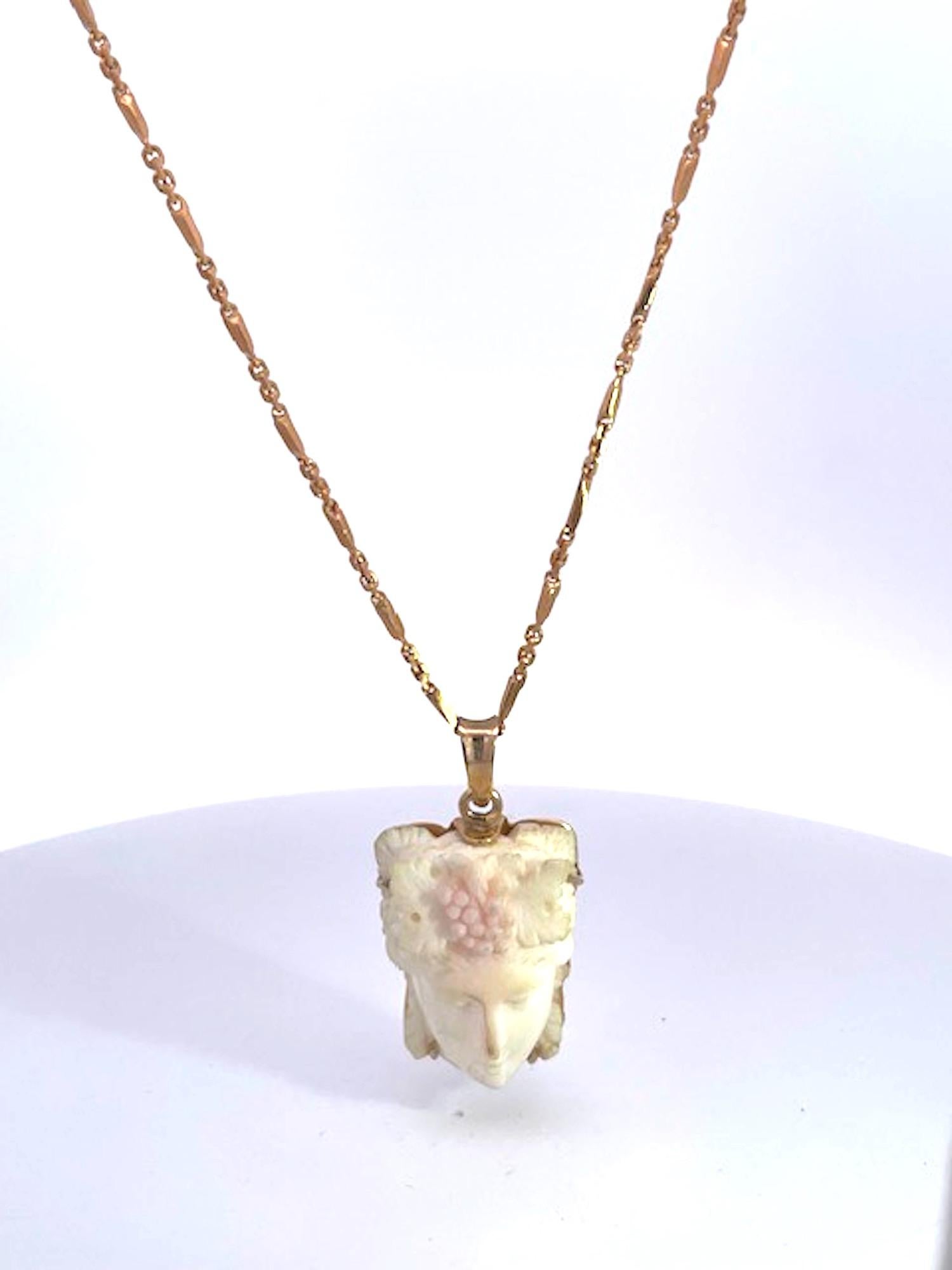 Angel Skin Coral Carving Women's Face Pendant 14K For Sale 8
