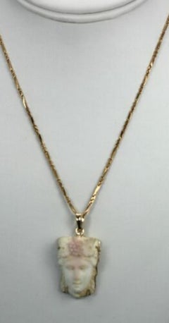 Angel Skin Coral Carving Women's Face Pendant 14K