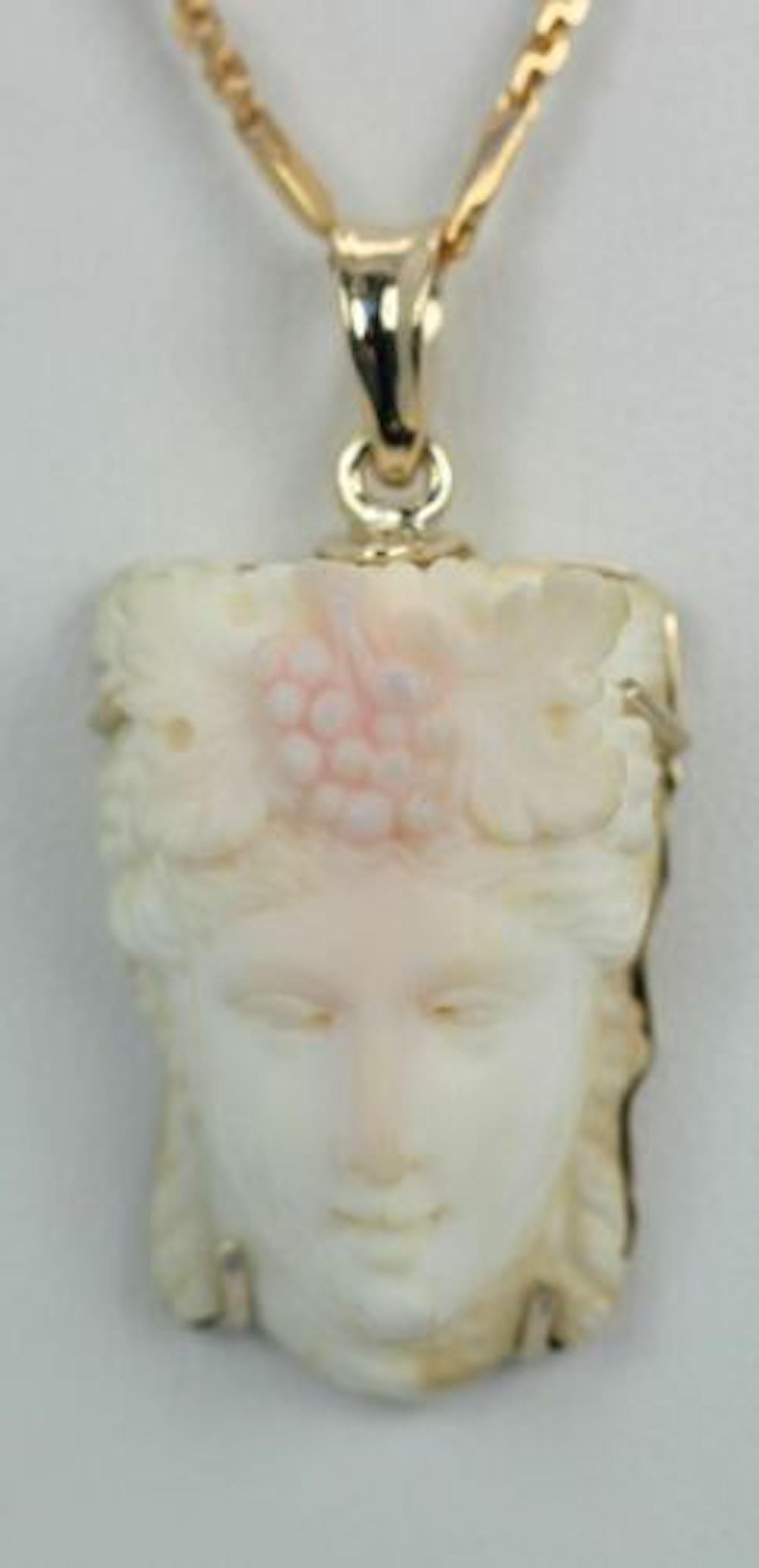 Victorian Angel Skin Coral Carving Women's Face Pendant 14K For Sale