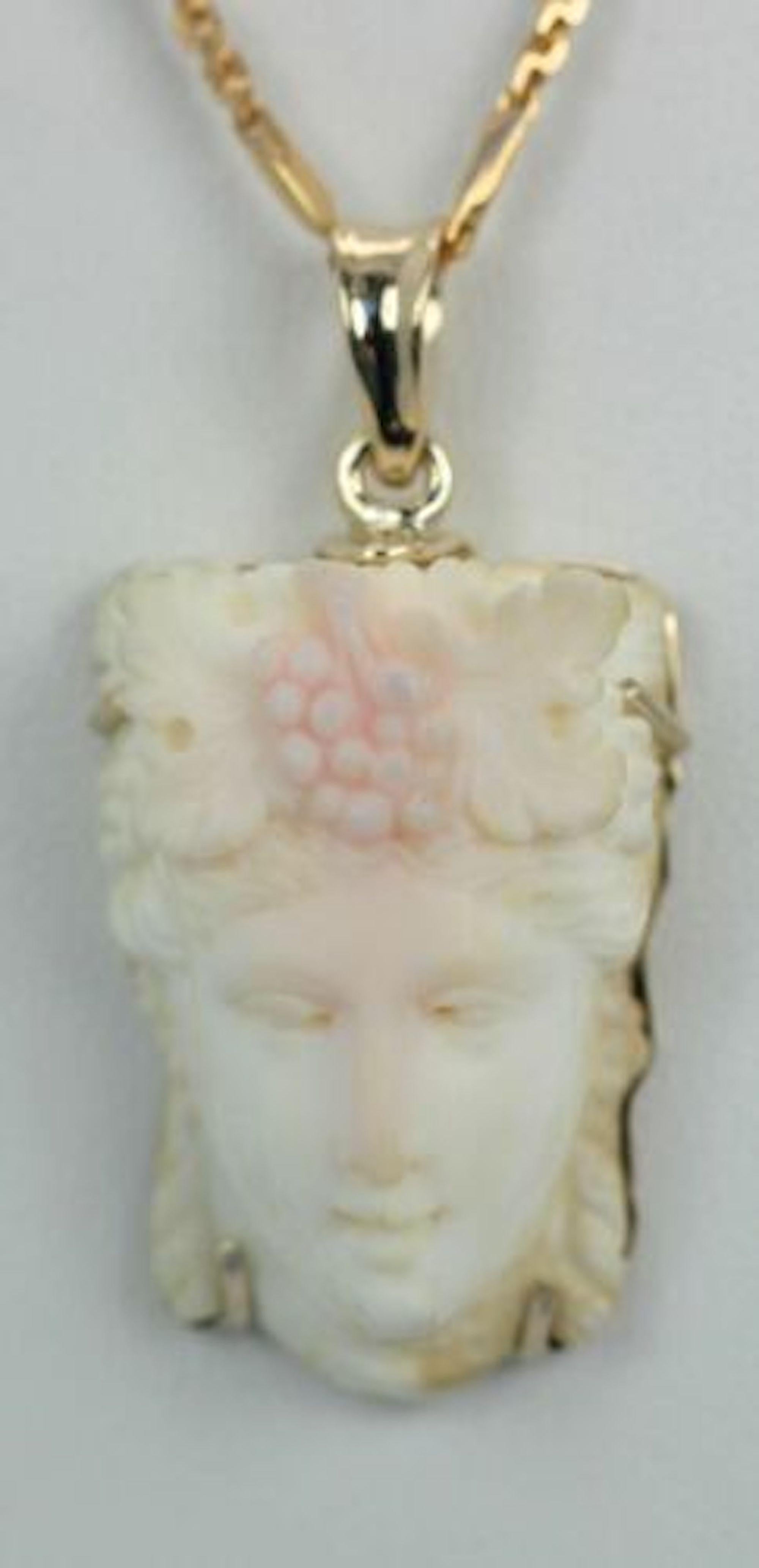 Antique Cushion Cut Angel Skin Coral Carving Women's Face Pendant 14K For Sale