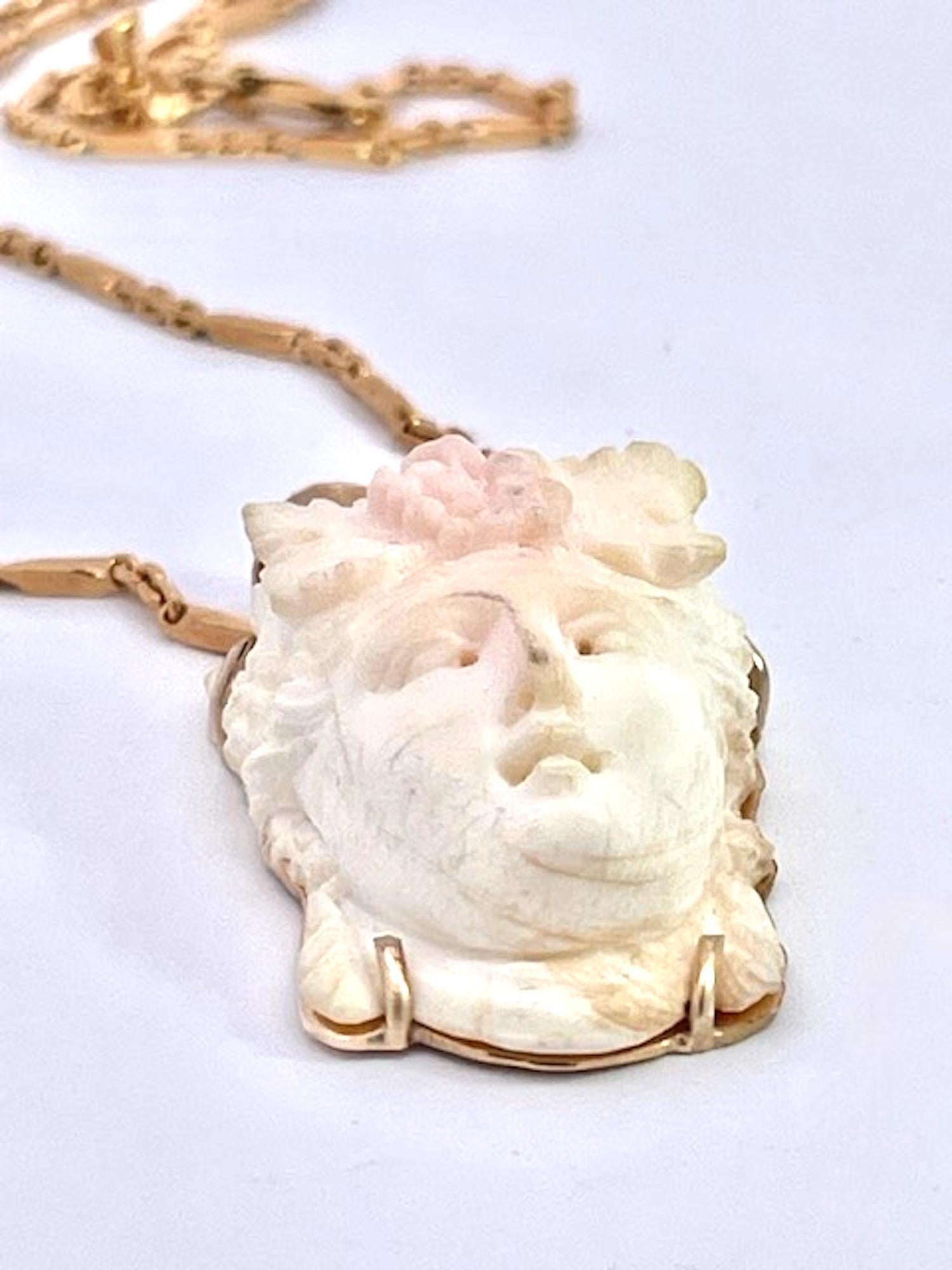 Victorian Angel Skin Coral Carving Women's Face Pendant 14K For Sale