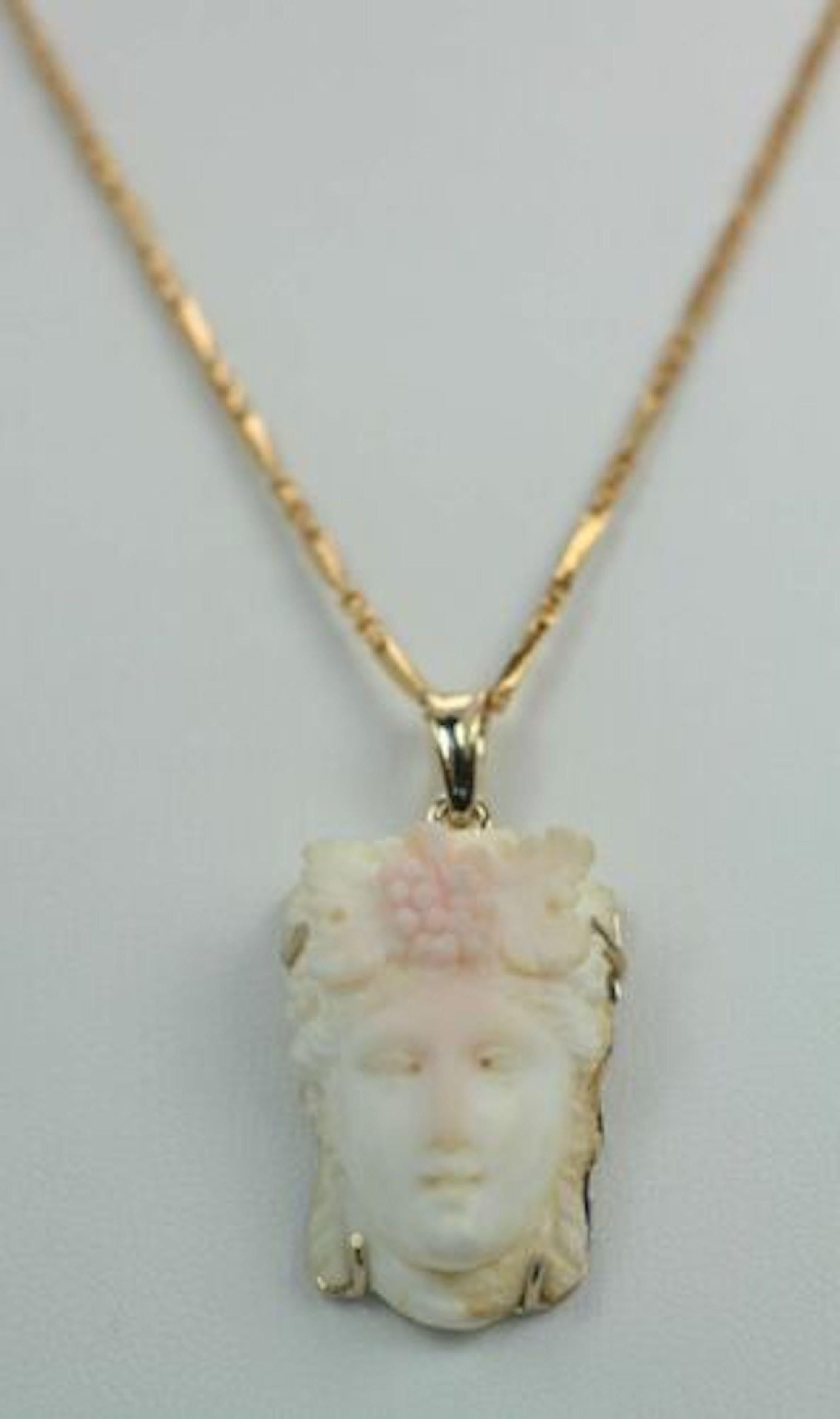 Antique Cushion Cut Angel Skin Coral Carving Women's Face Pendant 14K For Sale