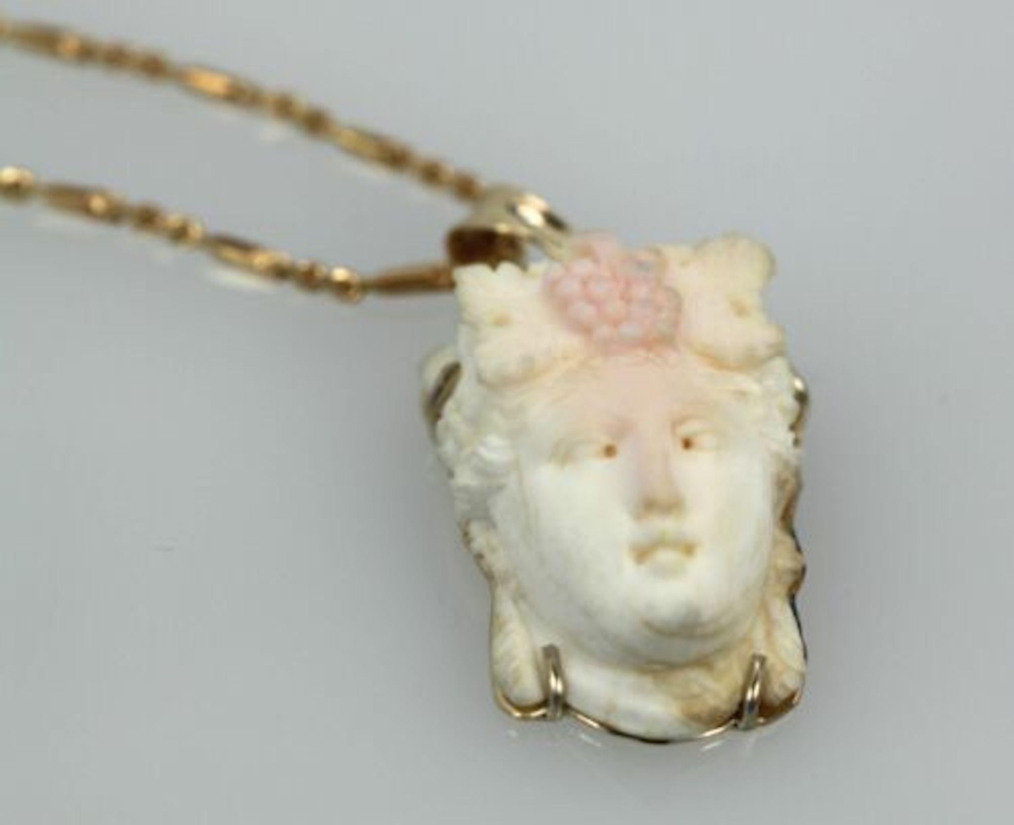 Angel Skin Coral Carving Women's Face Pendant 14K For Sale 5