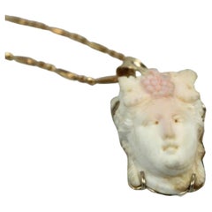 Antique Angel Skin Coral Carving Women's Face Pendant 14K