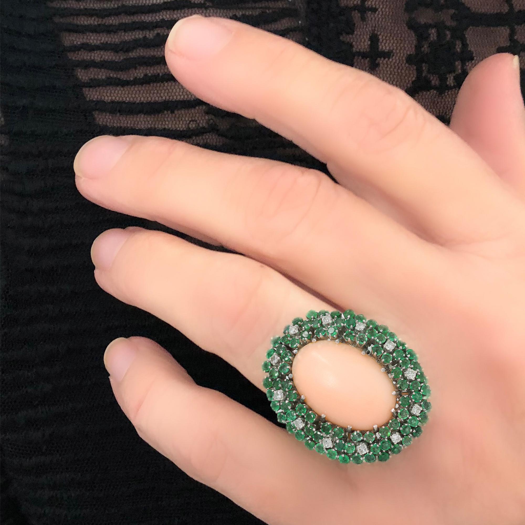 Women's Angel Skin Coral Cocktail Ring with Emeralds and Diamonds, Circa 1970