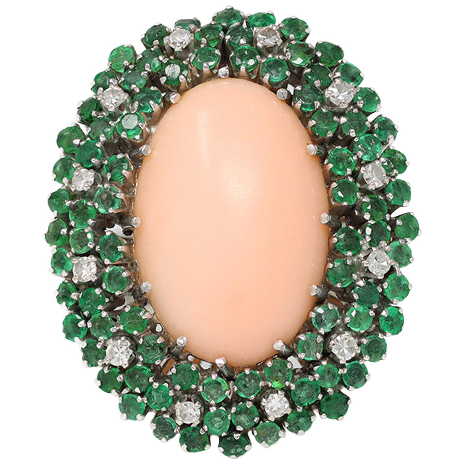 Angel Skin Coral Cocktail Ring with Emeralds and Diamonds, Circa 1970