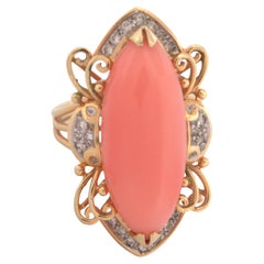 Vintage Angel Skin Coral, Diamond, 14K Yellow Gold Ring