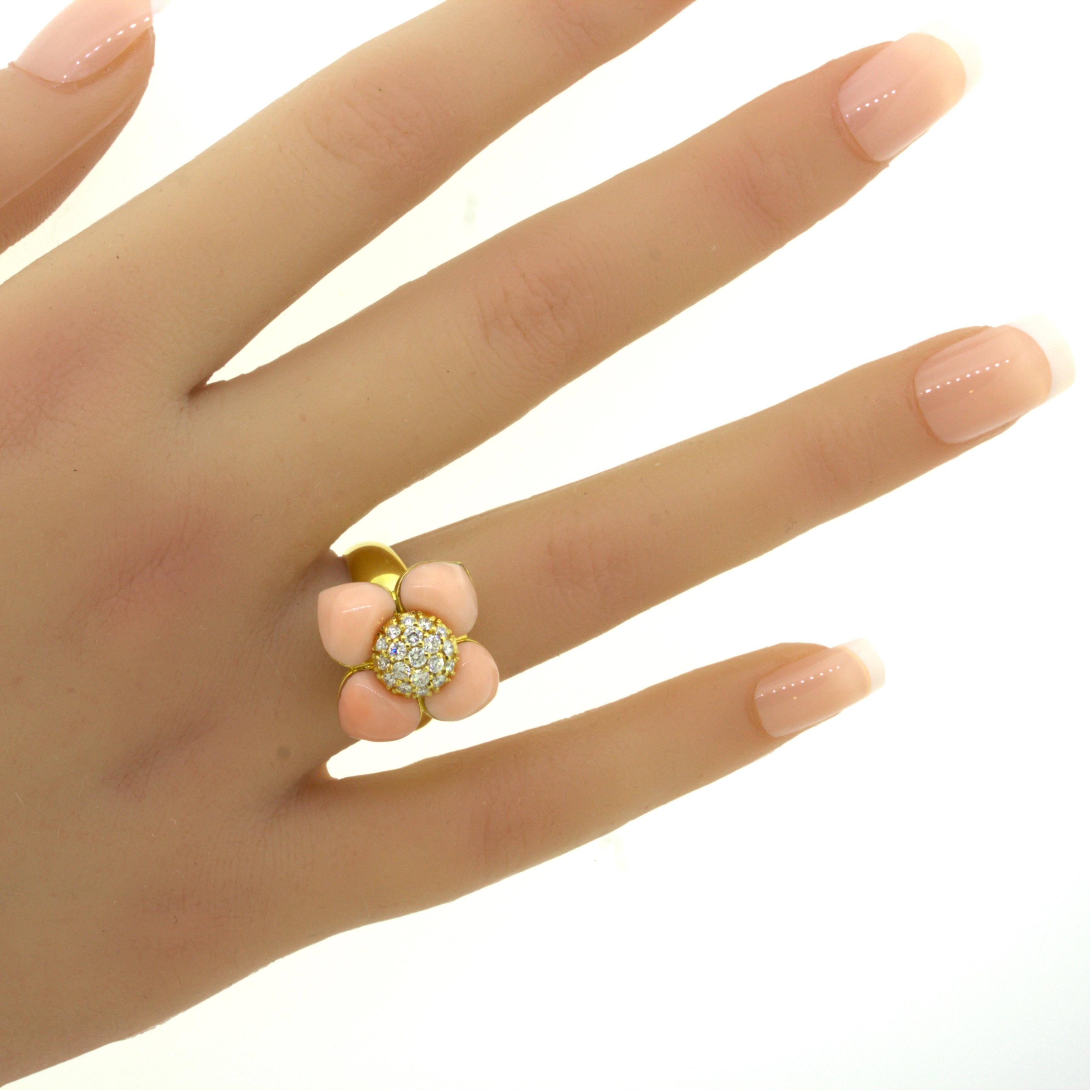 Angel-Skin Coral Diamond 18Karat Yellow Gold Flower Ring For Sale 6