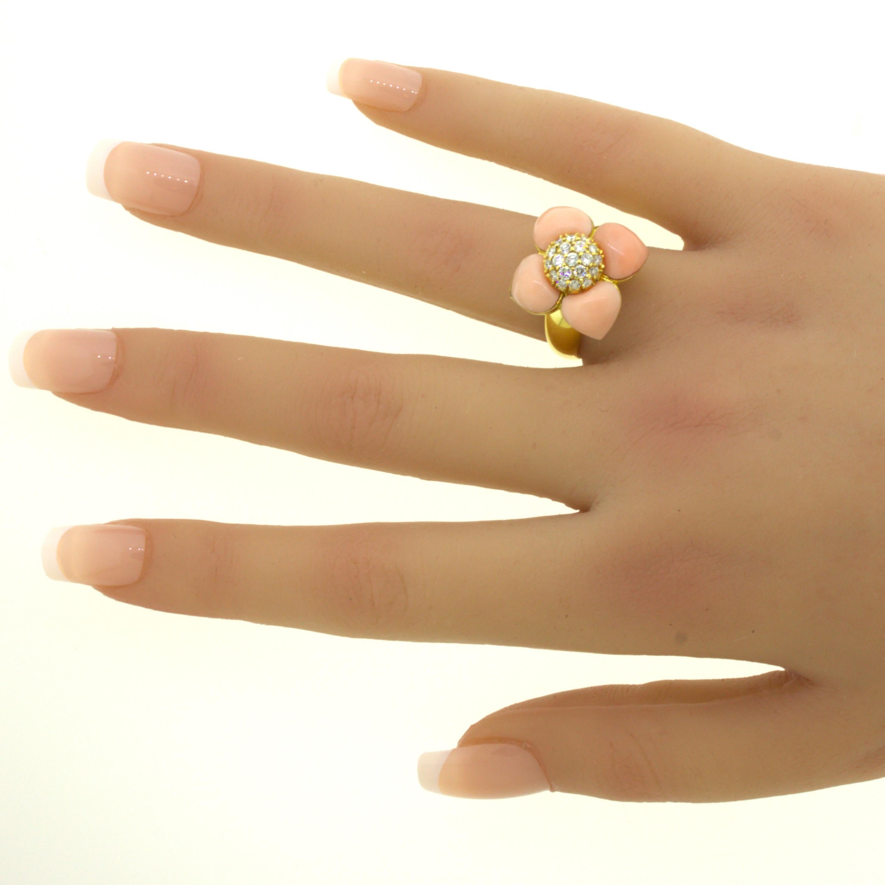 Angel-Skin Coral Diamond 18Karat Yellow Gold Flower Ring For Sale 8