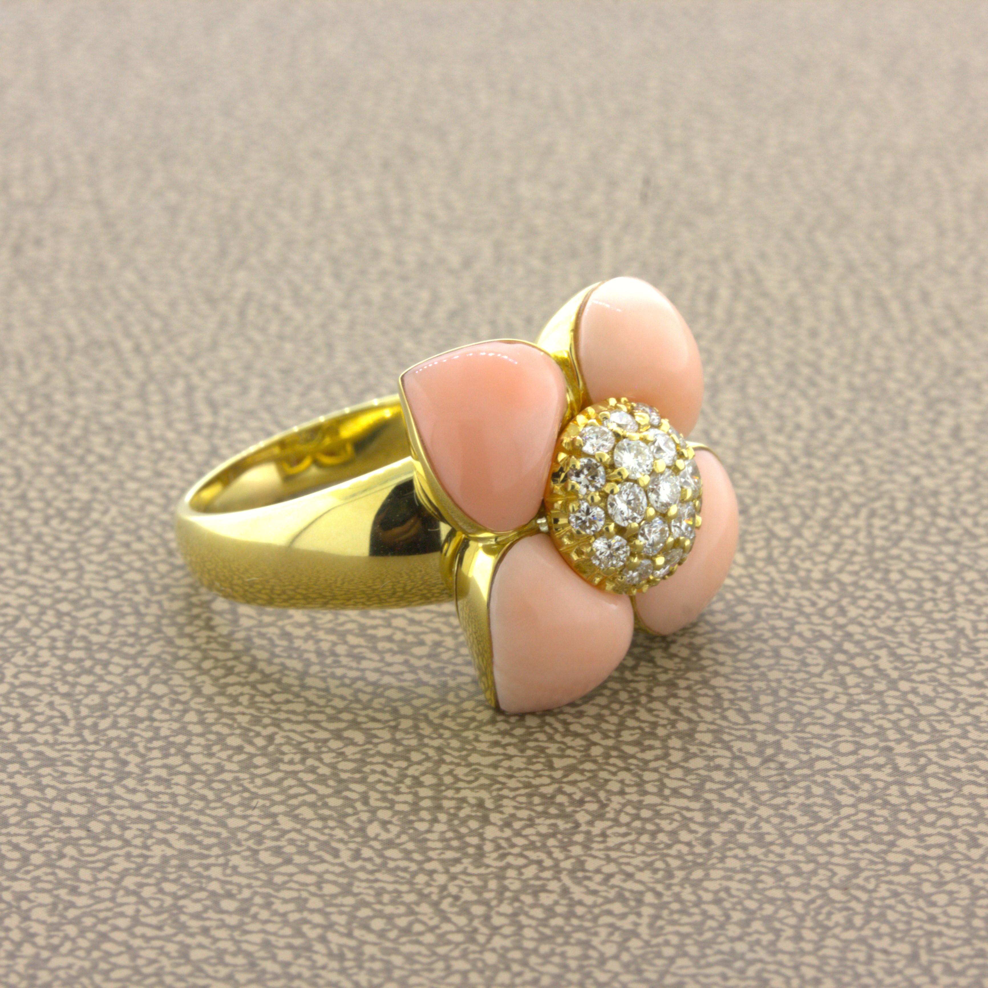 Cabochon Angel-Skin Coral Diamond 18Karat Yellow Gold Flower Ring For Sale