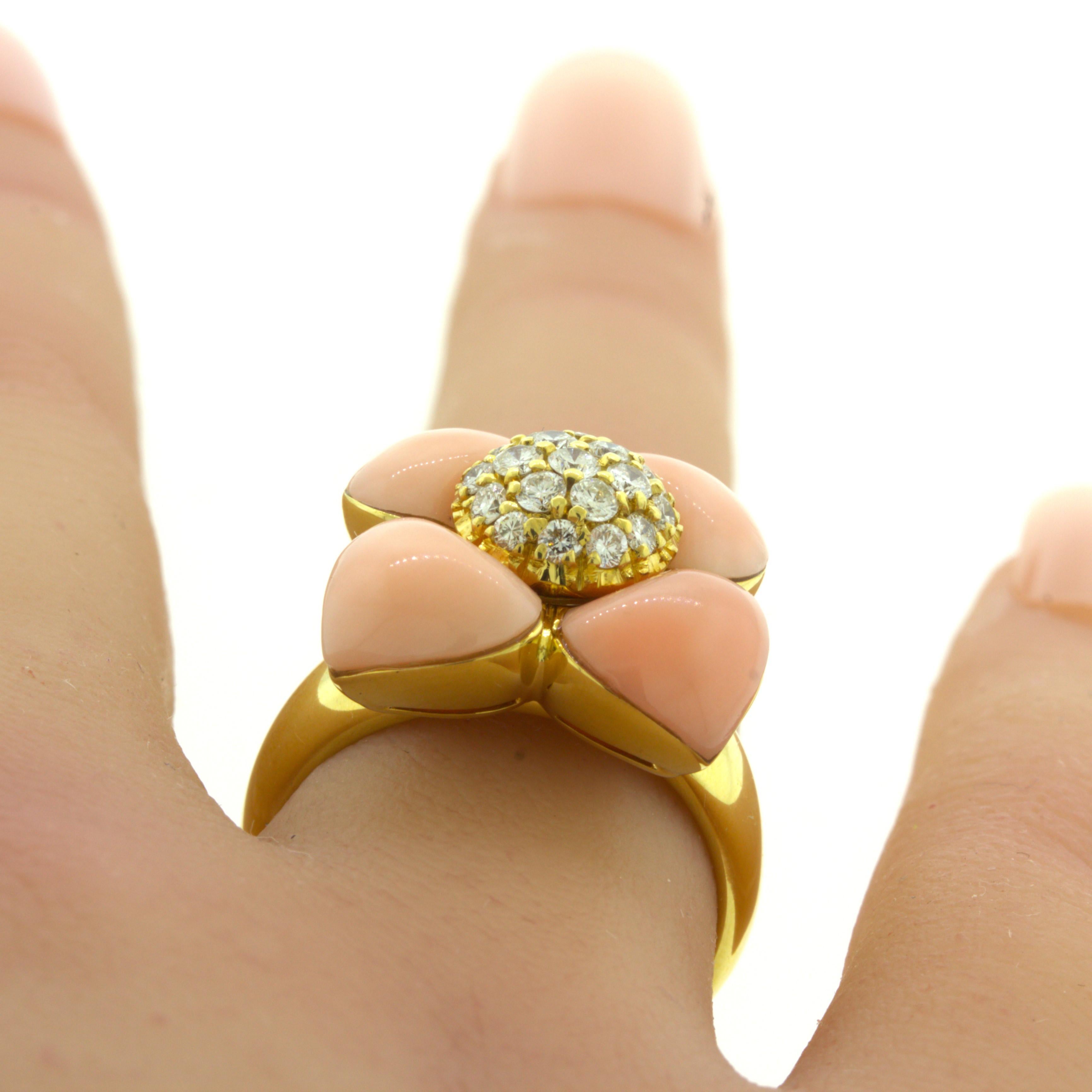 Angel-Skin Coral Diamond 18Karat Yellow Gold Flower Ring For Sale 3