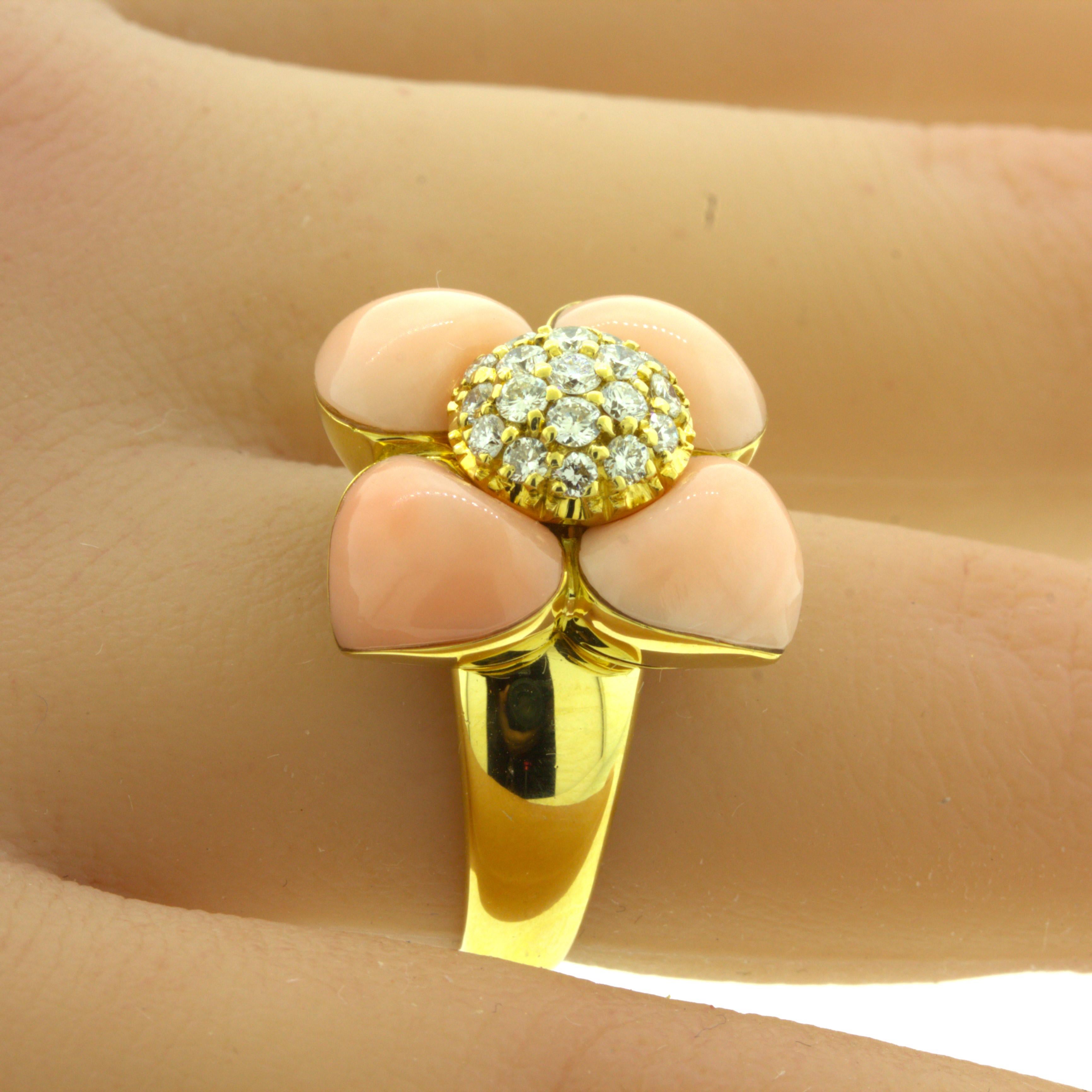 Angel-Skin Coral Diamond 18Karat Yellow Gold Flower Ring For Sale 4
