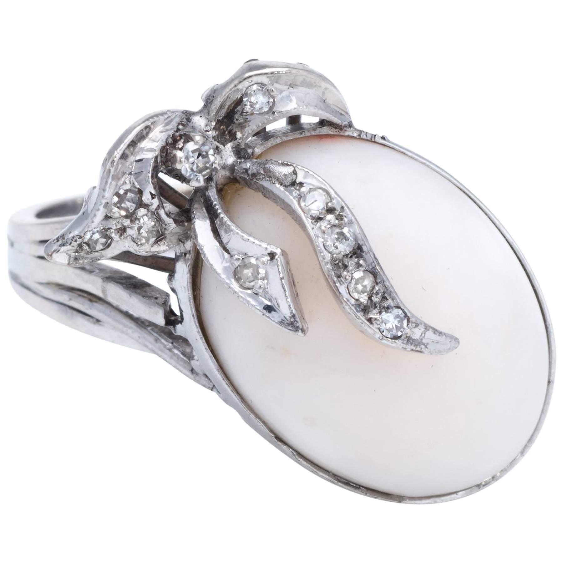 Angel Skin Coral Diamond Cocktail Ring Vintage Palladium Fine Jewelry