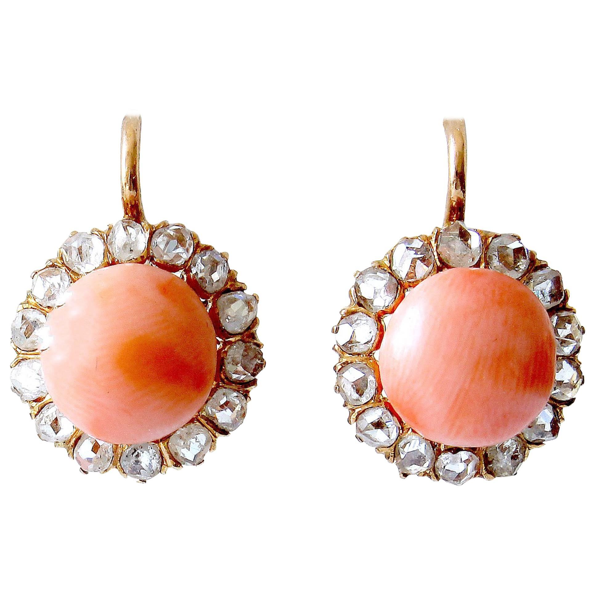 Angel Skin Coral Diamond Gold Cluster Earrings