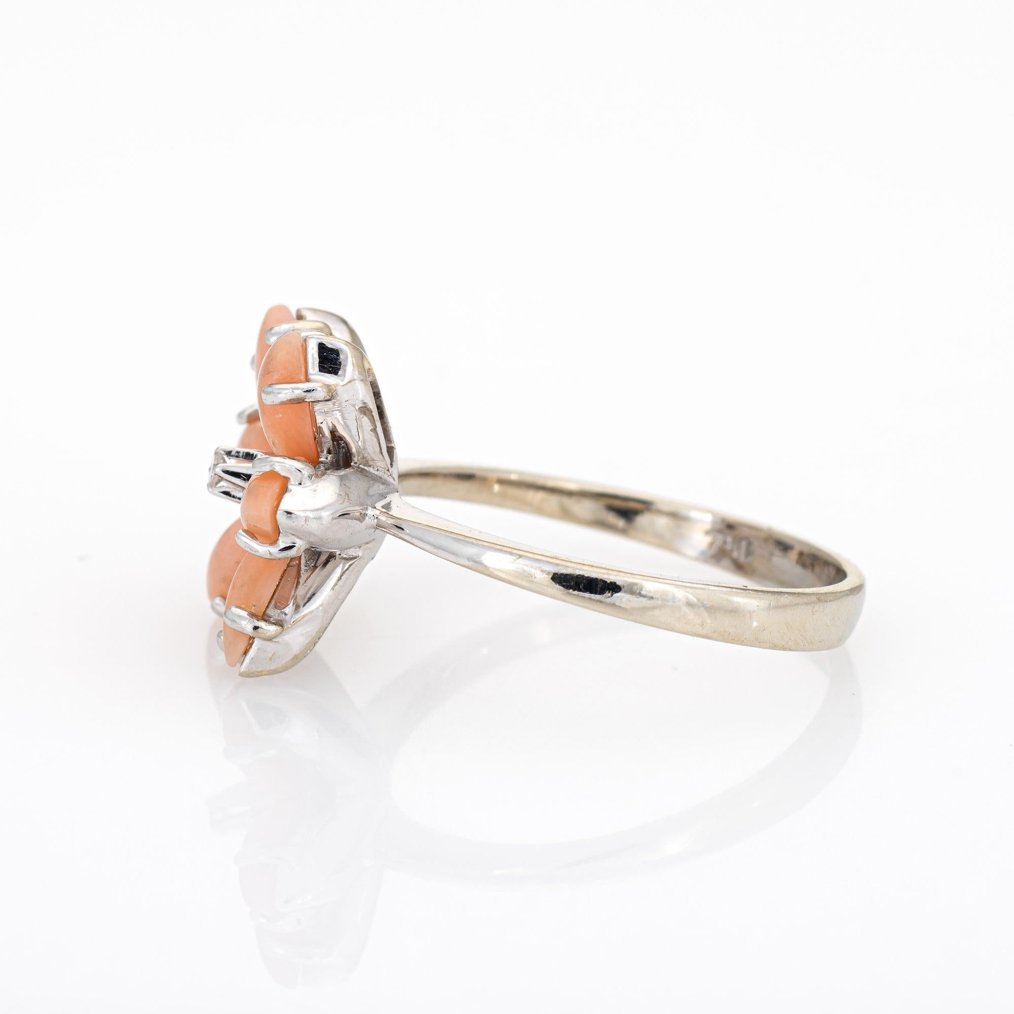 Modern Angel Skin Coral Diamond Ring Estate 18 Karat White Gold Flower Jewelry For Sale