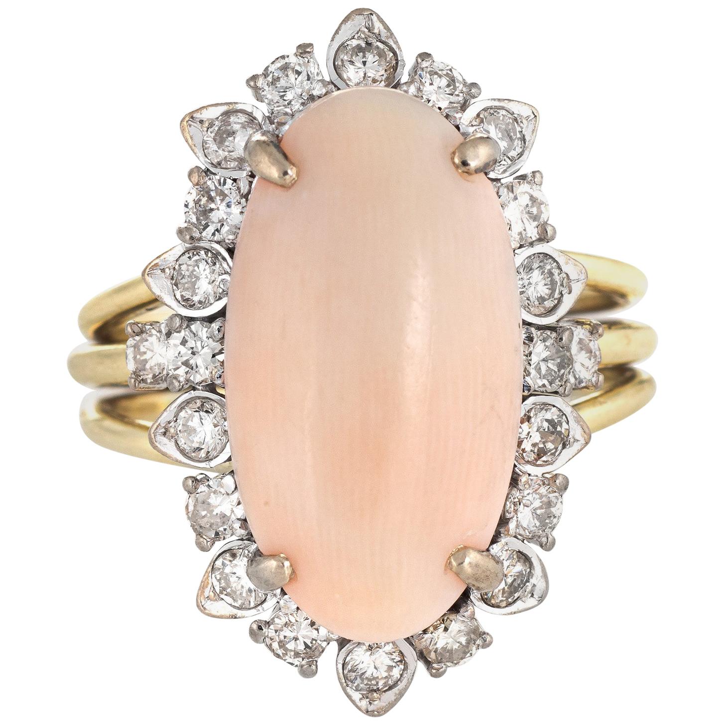 Angel Skin Coral Diamond Ring Vintage 14 Karat White Gold Cocktail Jewelry