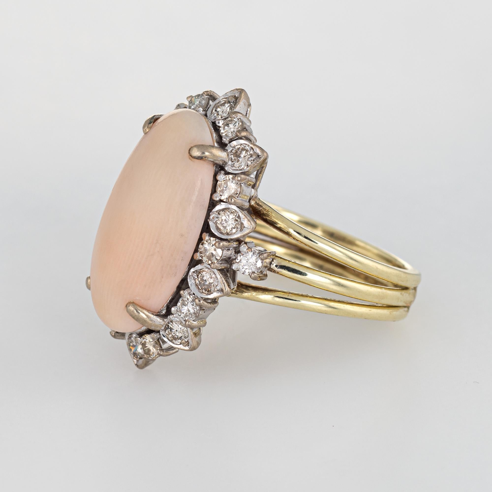 Cabochon Angel Skin Coral Diamond Ring Vintage 14 Karat White Gold Cocktail Jewelry