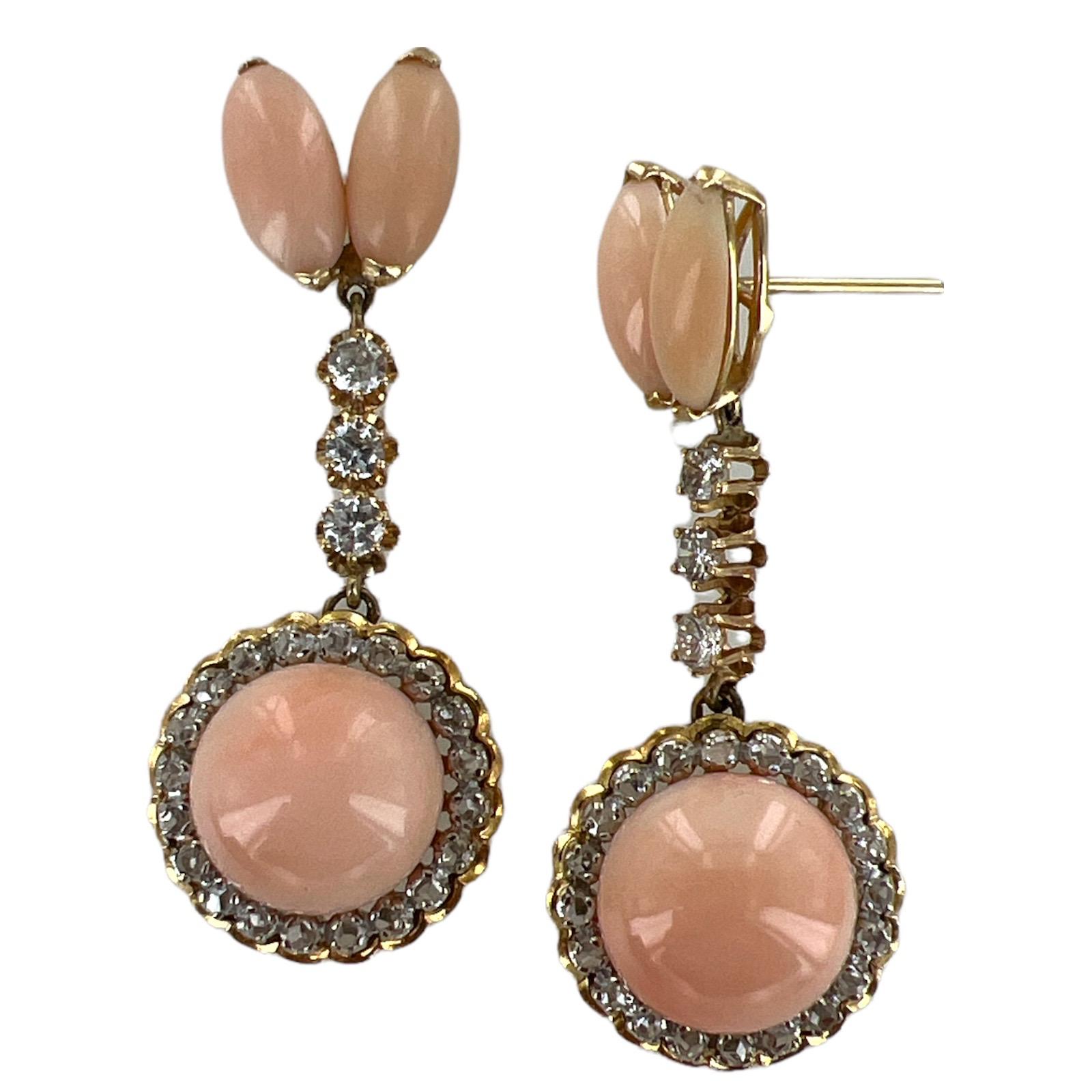 Cabochon Angel Skin Coral Diamond Yellow Gold Vintage Drop Dangle Earrings