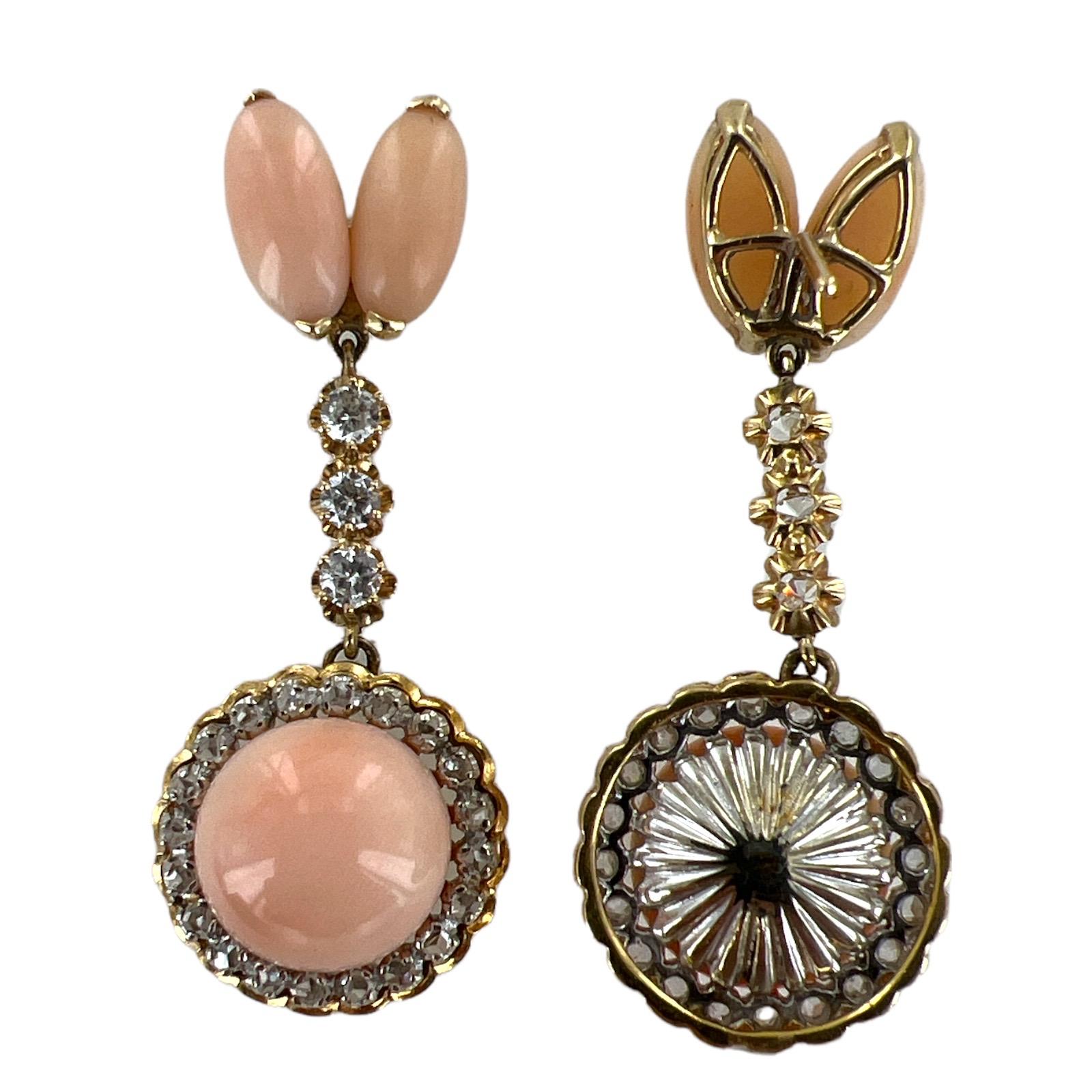 Angel Skin Coral Diamond Yellow Gold Vintage Drop Dangle Earrings In Excellent Condition In Boca Raton, FL