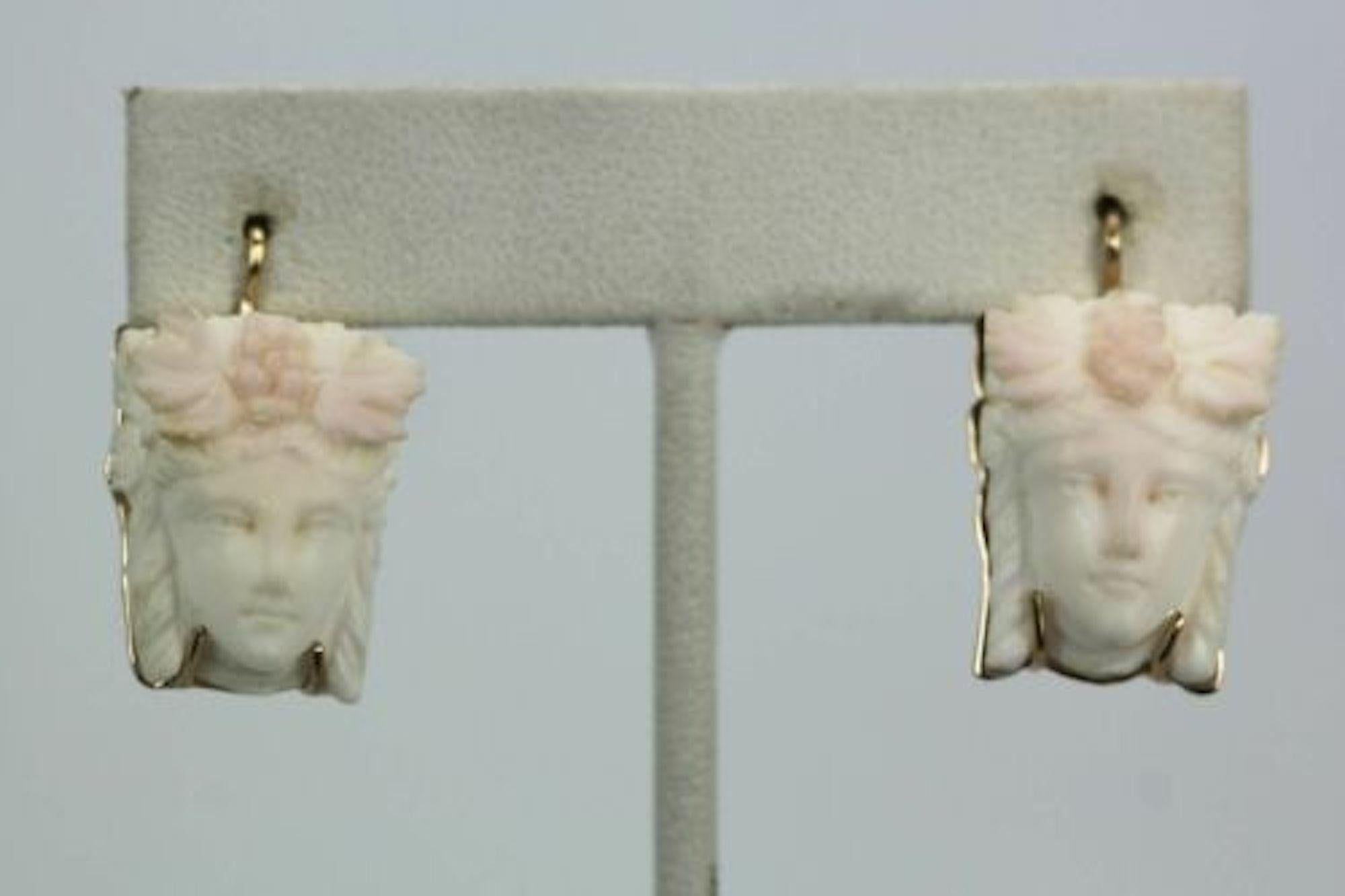 Victorian Angel Skin Coral Earrings 14K Carved Face