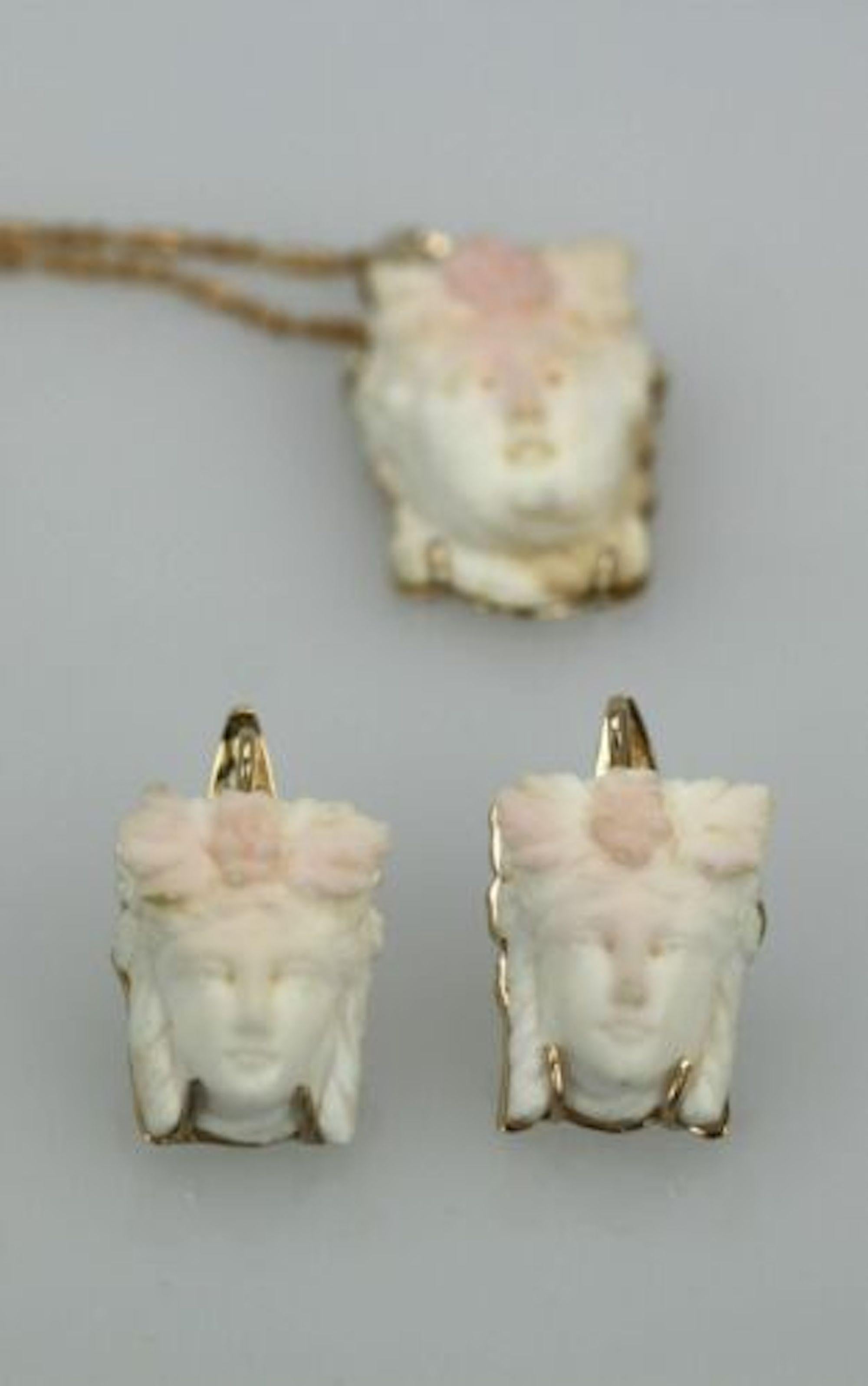 Angel Skin Coral Earrings 14K Carved Face In Good Condition In North Hollywood, CA