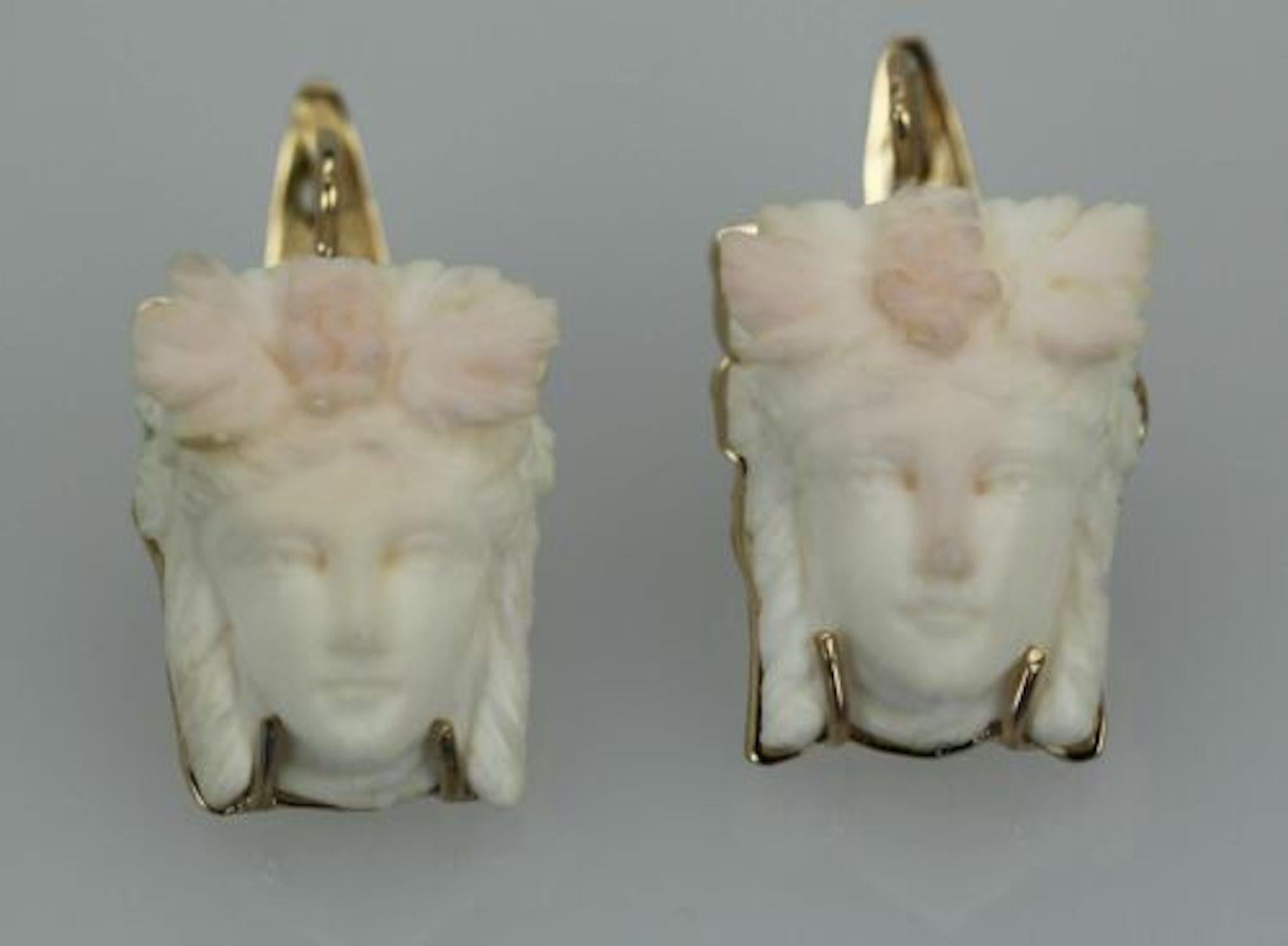 Angel Skin Coral Earrings 14K Carved Face 1